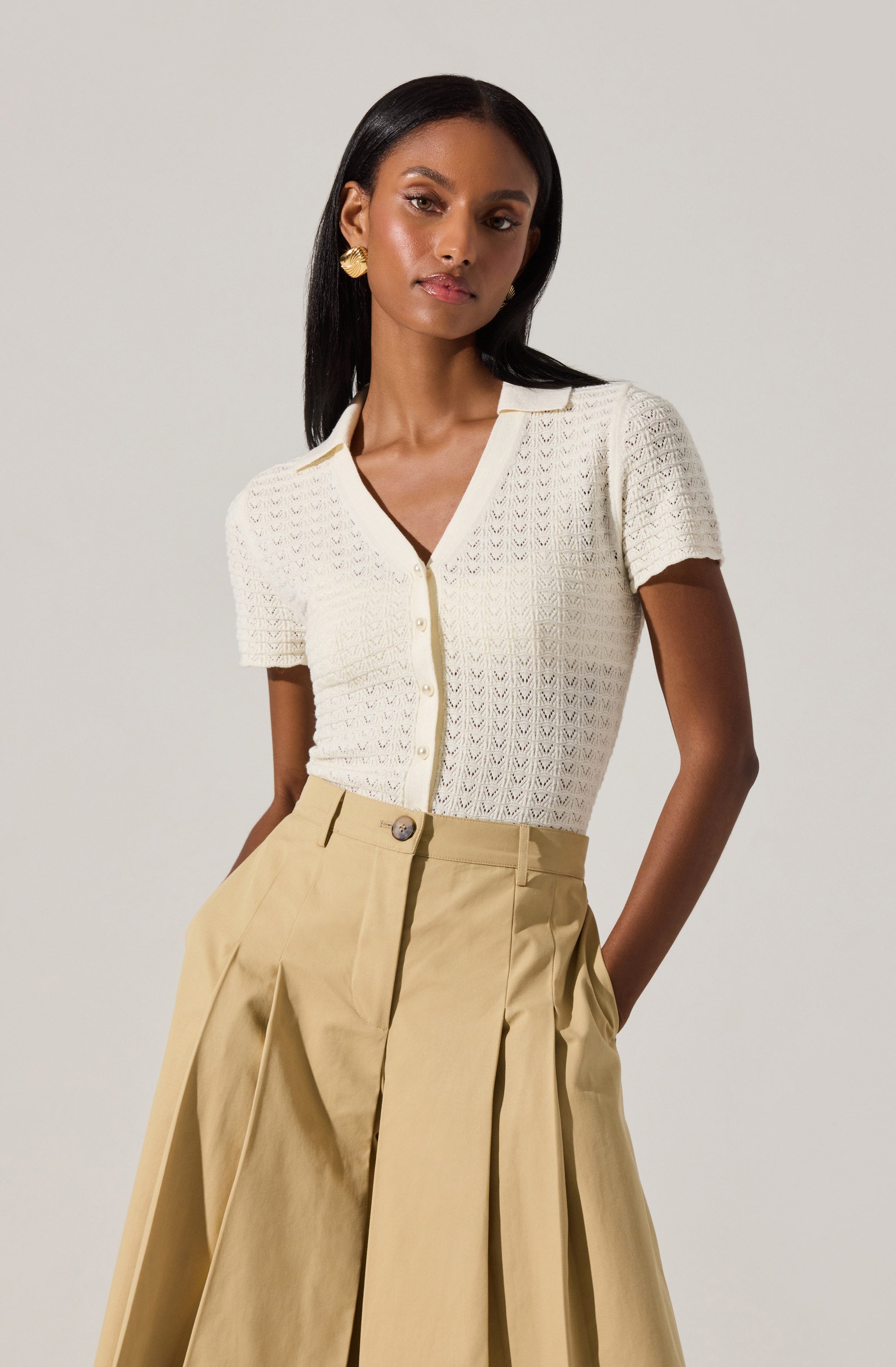 Stylish Pearl Polo Pointelle Sweater for Women - Breathable Knit Top for Casual & Office Wear - Perfect for Layering in Fall & Winter