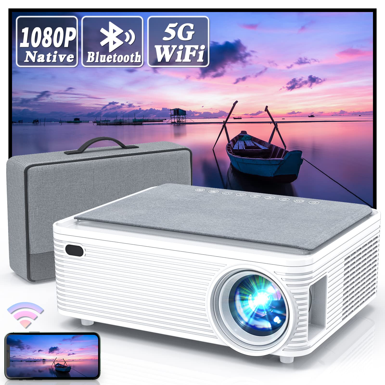 WISELAZER 5G WiFi Bluetooth Full HD 1080P Outdoor Movie Projector with 4K Support, ±50° 4D Keystone, Zoom - Compatible with Smartphone, PC, TV Box, HDMI, USB (X5) for Home Theater, Backyard Movie Nights & Office Presentations