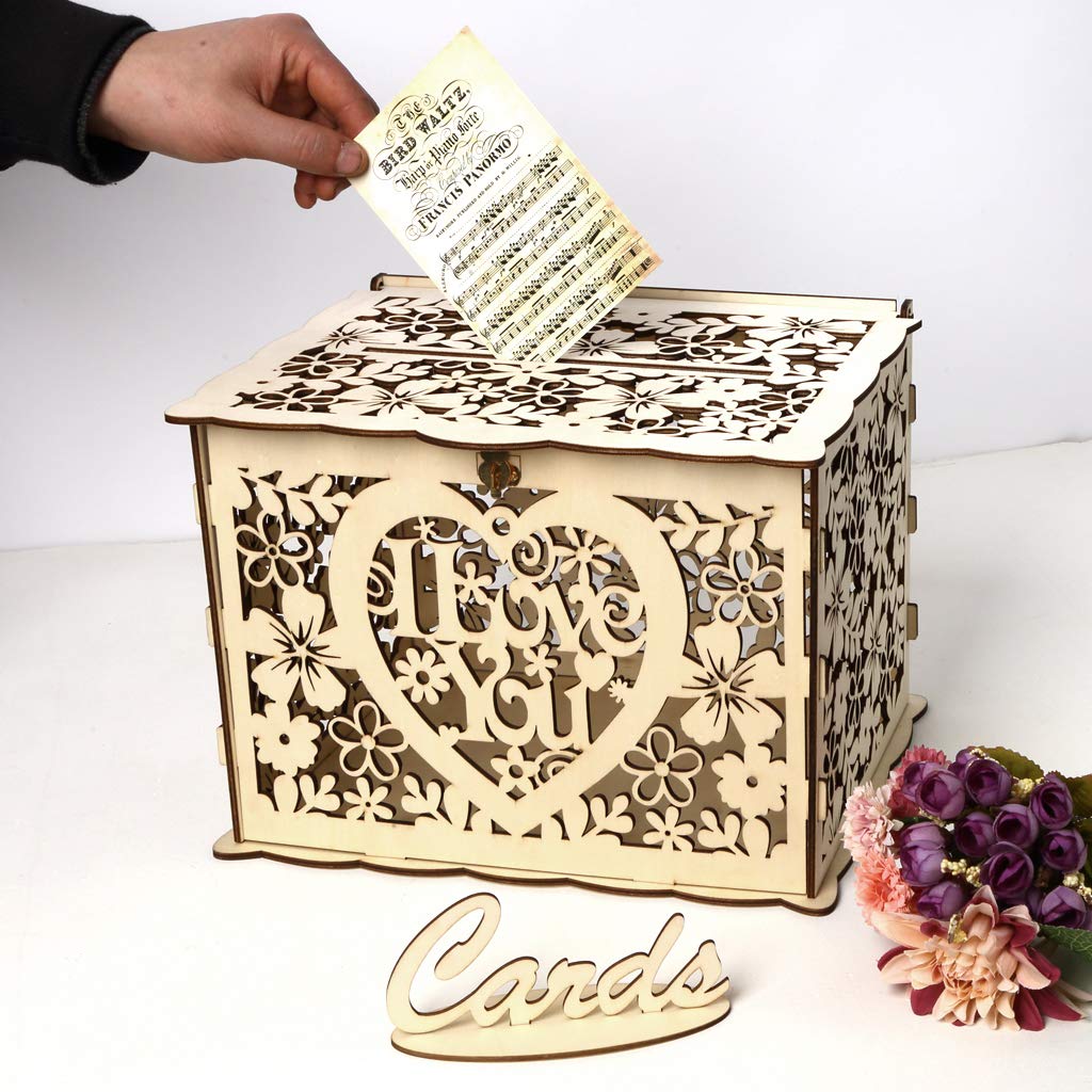 ELEOPTION Rustic Wooden Wedding Card Box with Lock - DIY Hollow Card Holder for Money & Gift Cards - Perfect for Wedding Reception, Anniversary, Baby Shower, Graduation Party & Birthday Decorations