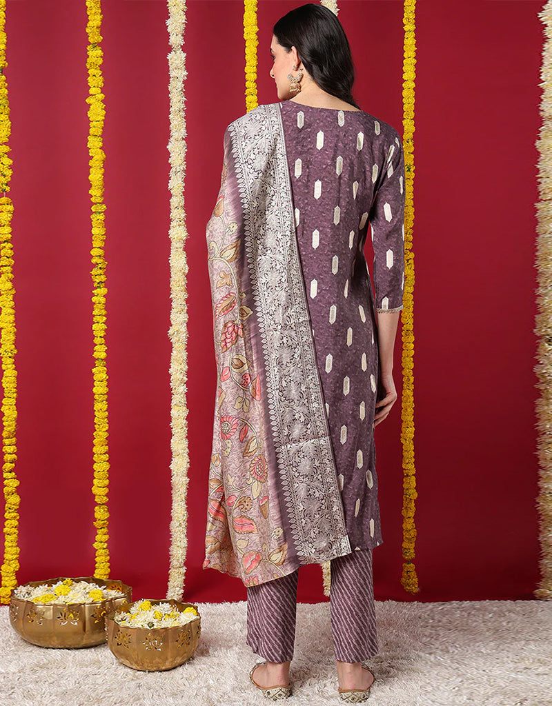 Blended Silk Ready-Made Suit Set with Dupatta - Congo Brown Straight Pant for Women | Elegant Ethnic Wear for Weddings & Festivals