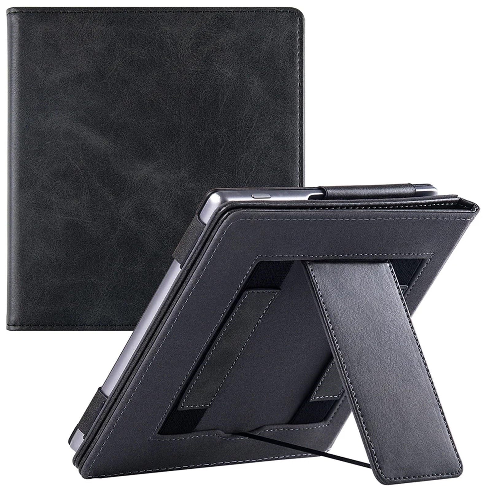 Premium PU Leather Protective Cover Stand Case for Kindle Oasis 10th & 9th Generation - Auto Sleep/Wake Function with Hand Strap (Rock Black) - Perfect for Reading, Traveling, and Daily Commute