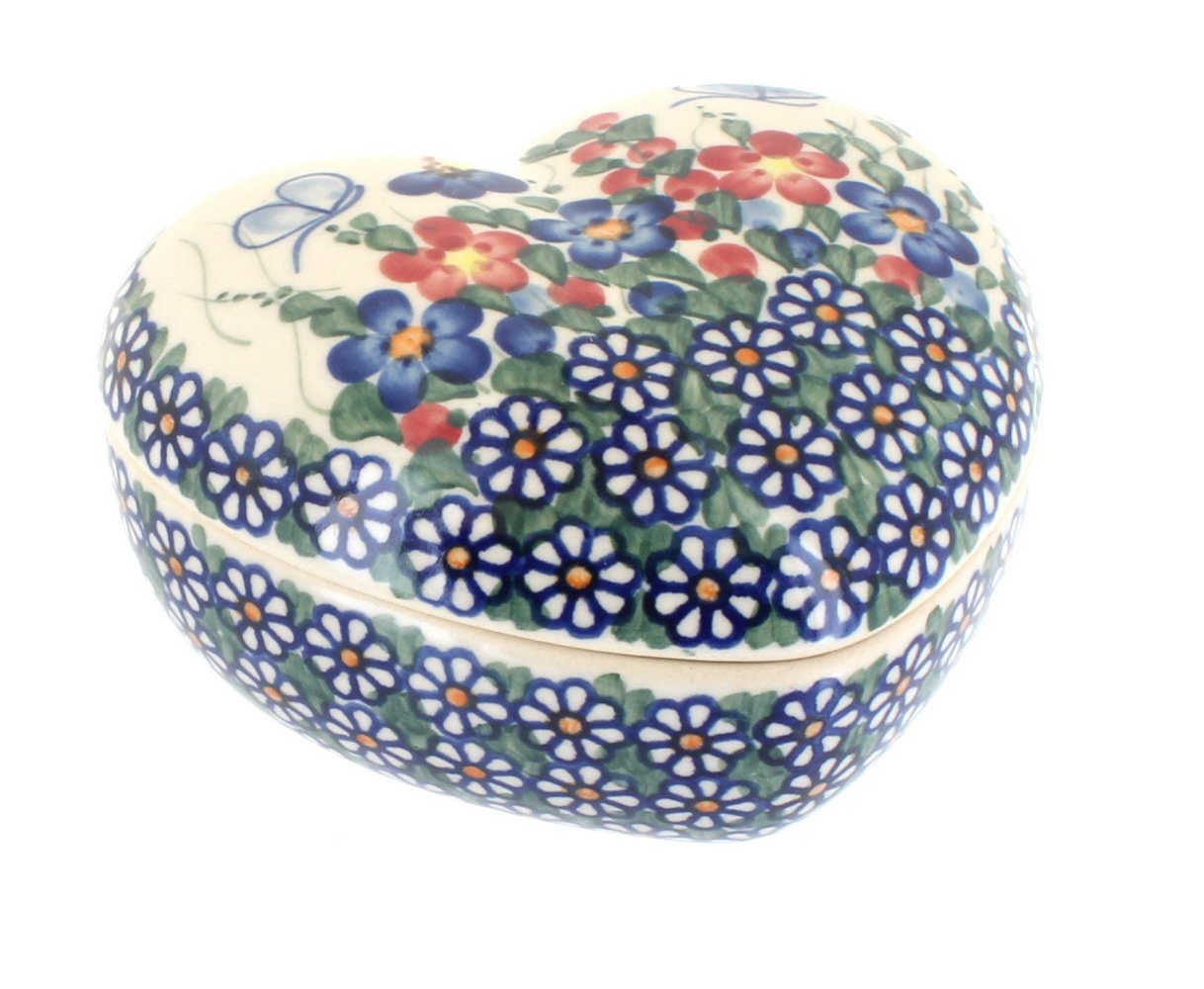 Blue Rose Polish Pottery Heart Box - Handmade Ceramic Garden Decor for Home & Outdoor Use | Perfect for Jewelry Storage, Gift Giving, and Garden Decoration