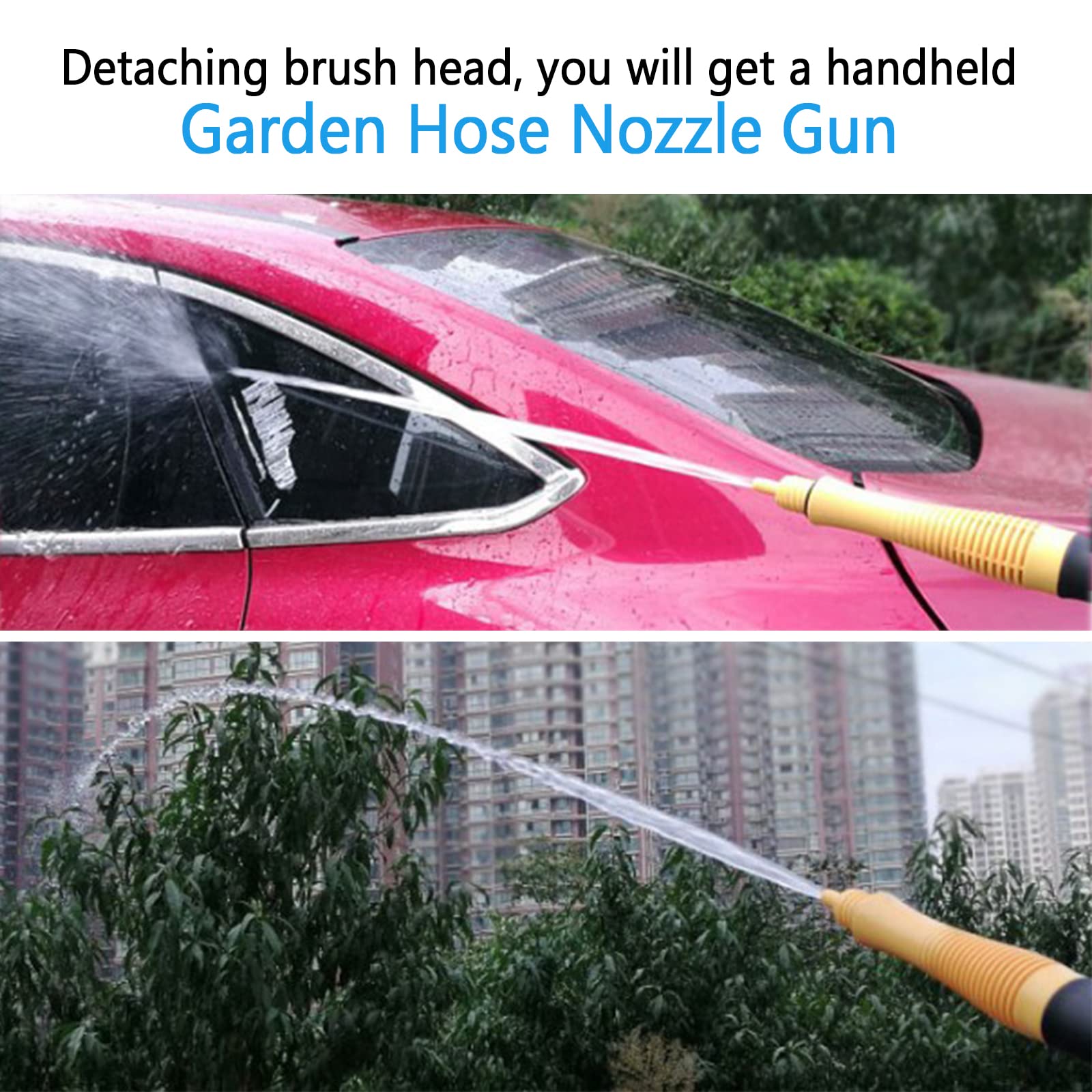 Rotating Car Wash Brush with Hose Attachment - Soft Chenille Microfiber Bristles, Long Handle Car Cleaning Brush with Soap Dispenser - Ideal for Washing Cars, Trucks, SUVs, and Boats (Yellow)