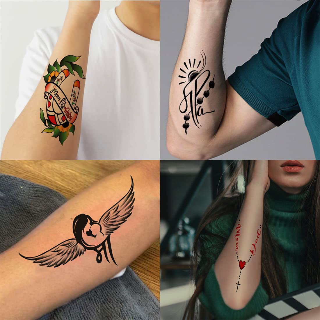 Pack of 4 Temporary Tattoos - Love Mom Dad Wing Designs for Men & Women (2x4 Inch) | Waterproof Fake Body Art Stickers for Parties, Festivals & Costume Events