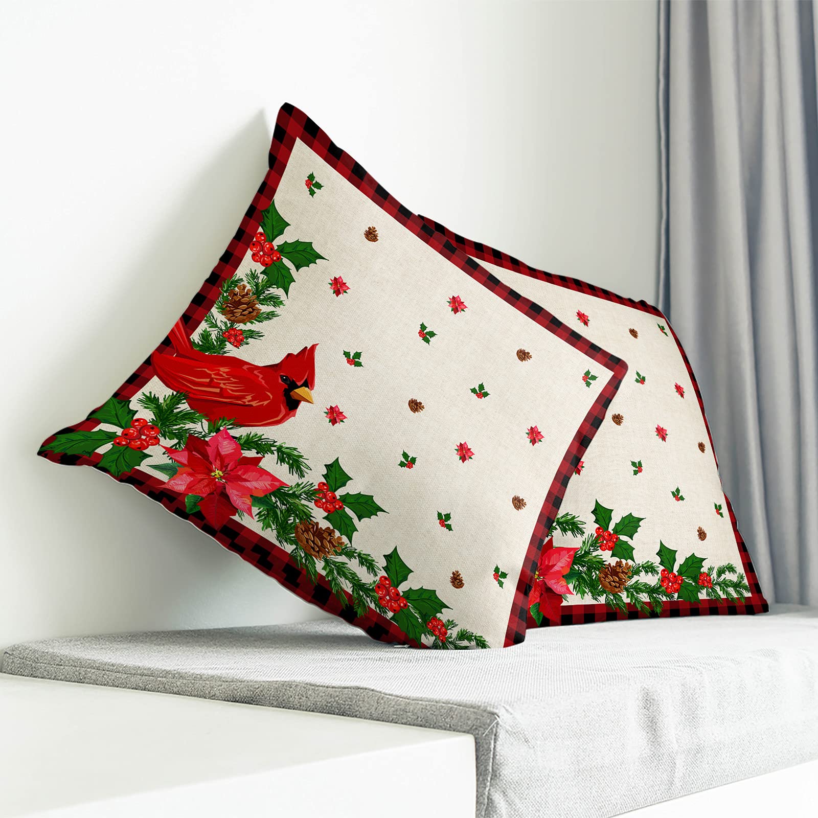 Christmas Throw Pillow Covers 20x20 Inch - Decorative Cushion Covers for Sofa, Couch & Chair - Retro Cardinal Poinsettia Floral Design - Perfect for Holiday Home Decor, Living Room & Bedroom Accents