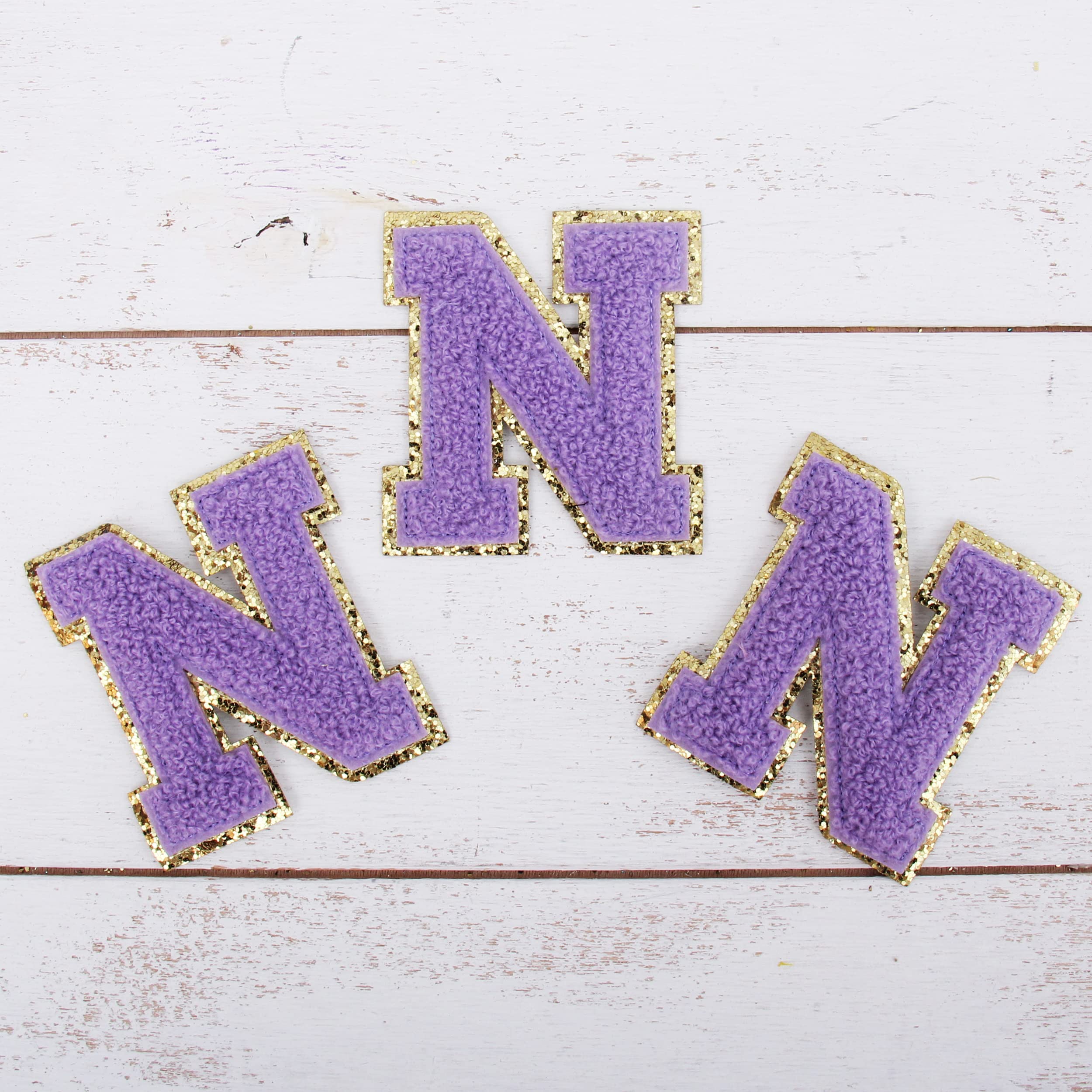 3 Pack Lavender Chenille Iron-On Glitter Varsity Letter Patches - 5cm Tall 
