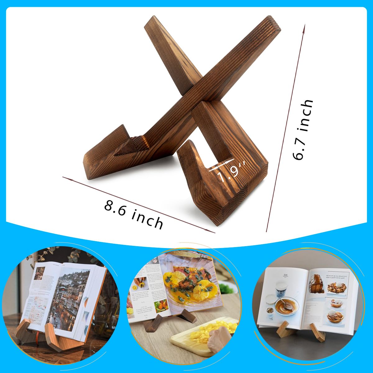 Rustic Wooden Cookbook Holder Stand - 2 Pack for Kitchen Counter, Recipe Book Organizer - Perfect for Cooking & Baking