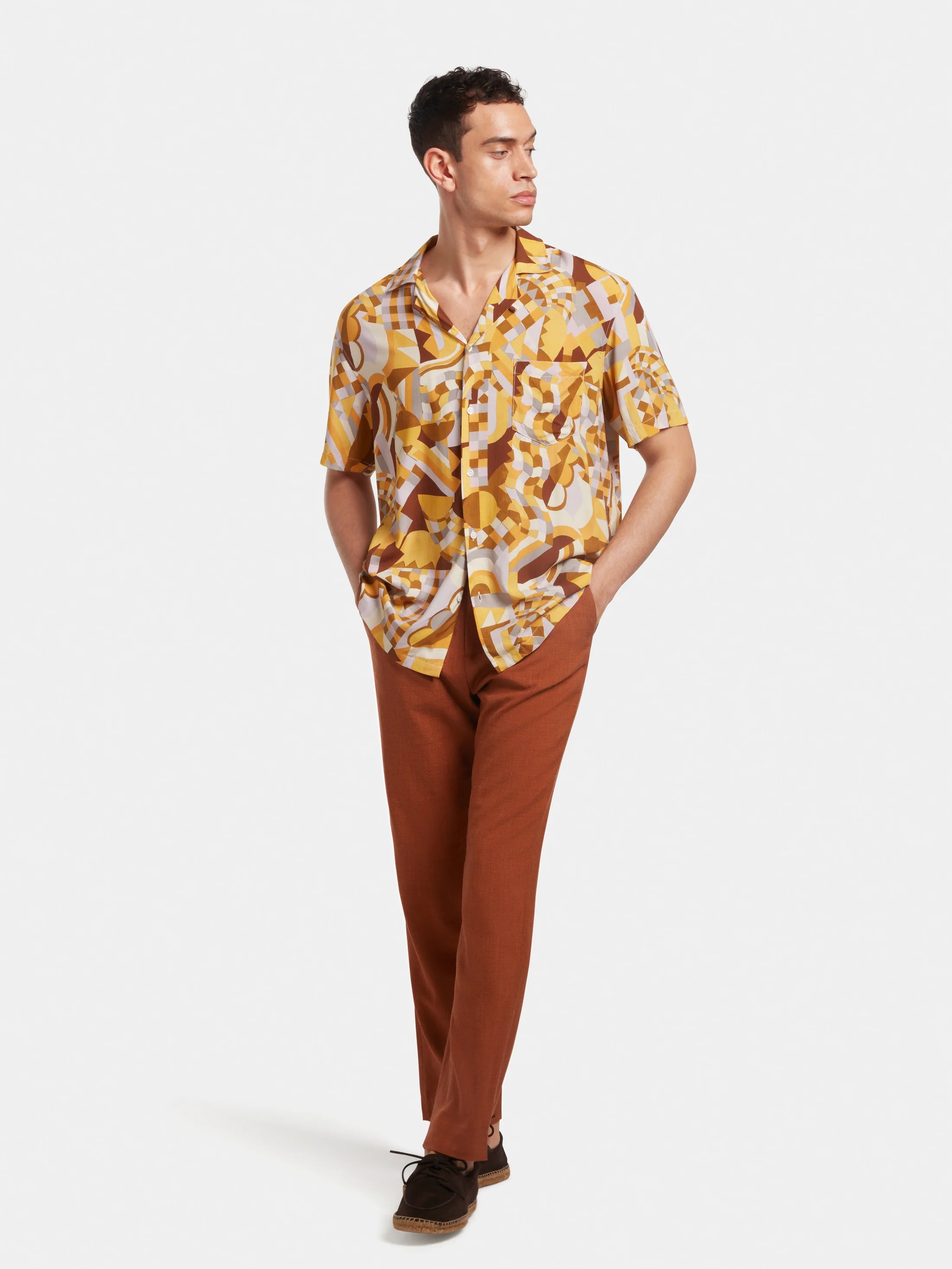 Eco-Friendly Sundial Mosaic Cuban Shirt for Men - Sustainable Viscose Short Sleeve Button Up Shirt - Perfect for Beach Vacations, Summer Parties & Casual Outings