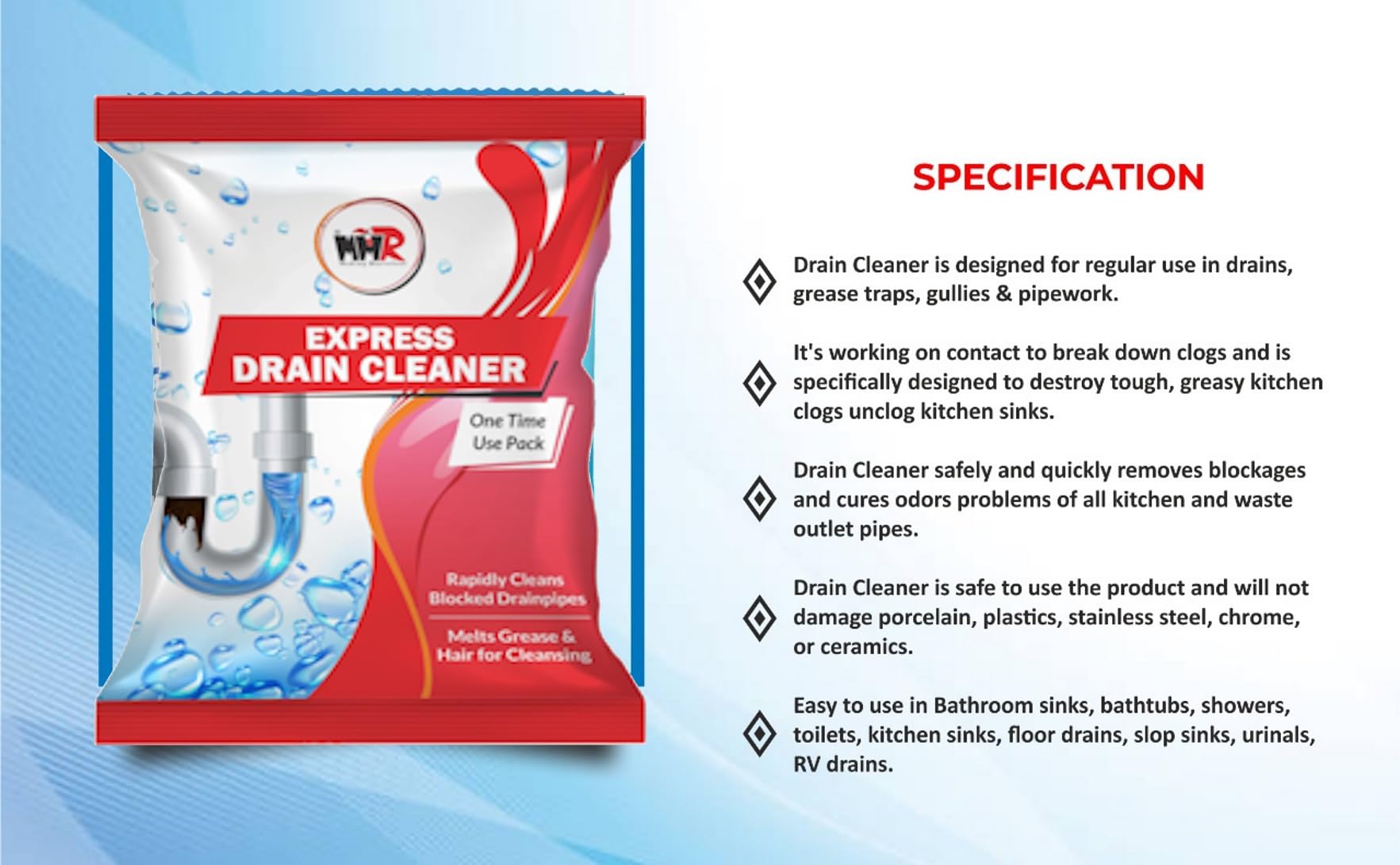 MMR Making Marvelous Drain-Insta All Pipe Safe Express Drain Cleaner Powder - Fast Acting Clog Remover for Sinks, Showers & Bathtubs (50g x 10 Pack) - Ideal for Kitchen, Bathroom & Household Plumbing Maintenance
