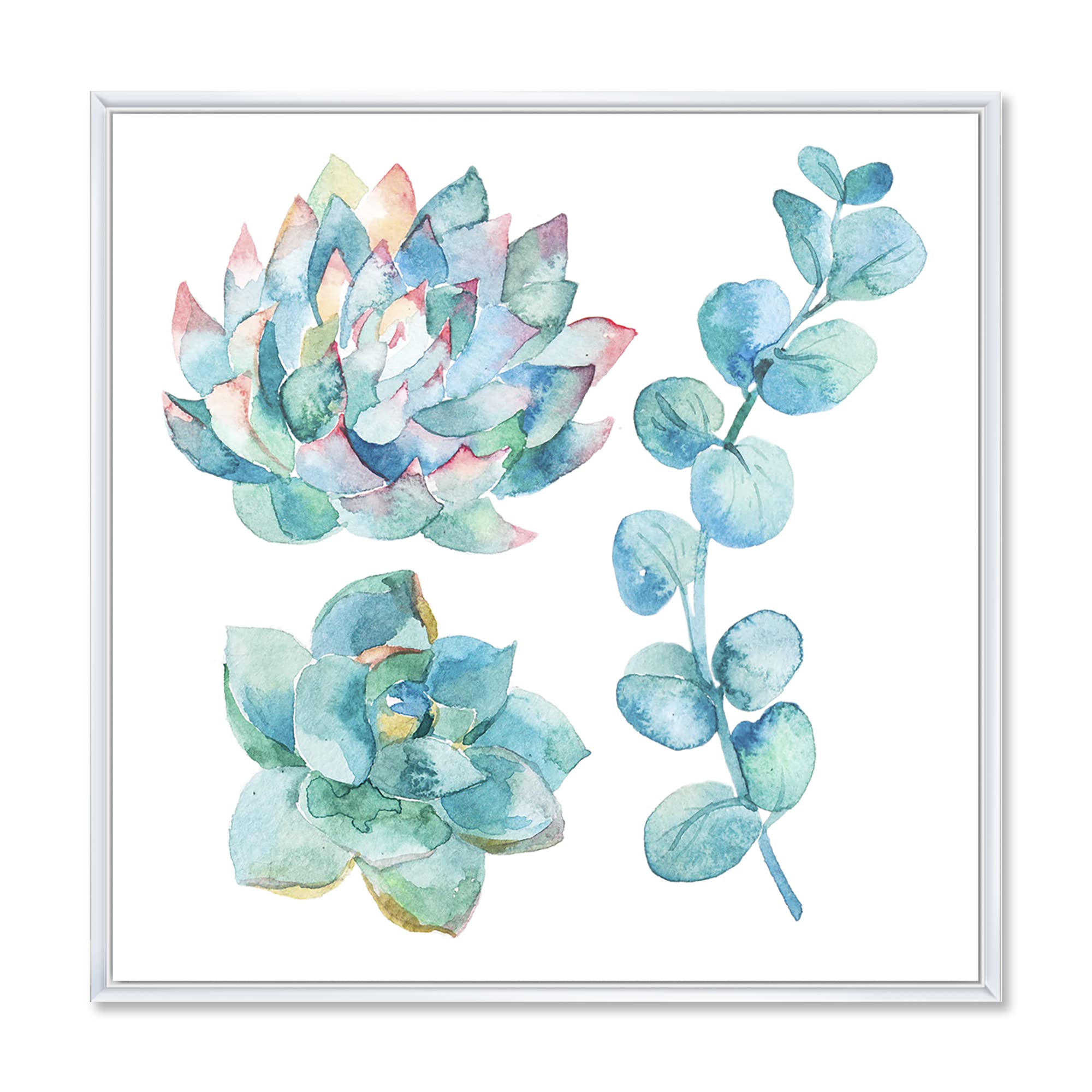 DesignQ Eucalyptus Leaves & Succulents Framed Canvas Wall Art - Botanical Home Decor for Living Room, Bedroom & Office