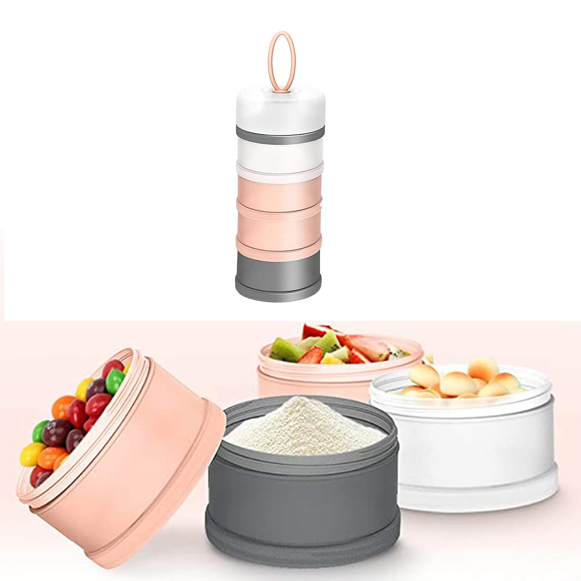 4-Layer Baby Formula Dispenser - Stackable Travel Milk Powder Container with 4 Spill-Proof Compartments | Portable Baby Feeding Storage for On-the-Go Parents | Perfect for Diaper Bags, Strollers & Travel (Pink)