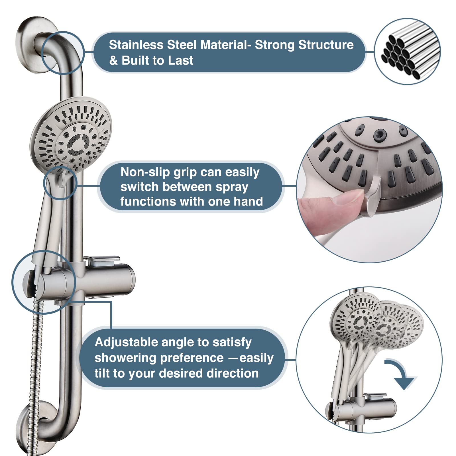 Stainless Steel Grab Bar with Slide Rail - Brushed Nickel Shower Safety Handle with Handheld Shower Head & 5ft Hose - Ideal for Elderly Bathroom Safety & Accessible Shower Installations