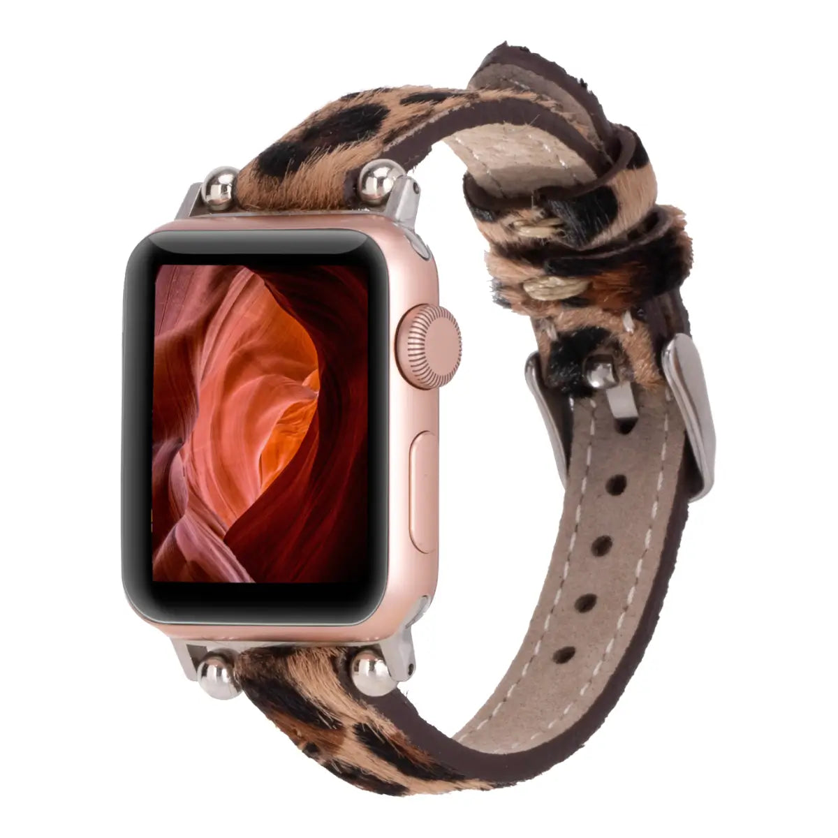 Furry Leopard Print Genuine Leather Ultra Slim Apple Watch Band for Women & Men - Stylish & Comfortable for Workouts, Office & Everyday Wear