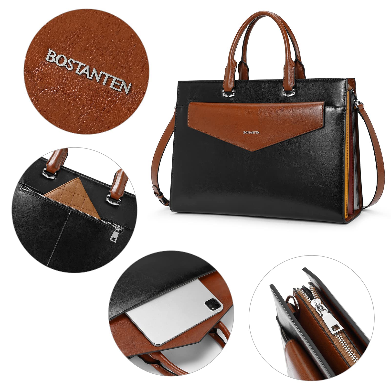 BOSTANTEN Women's Genuine Leather Laptop Briefcase Tote Bag - 15.6 Inch Work Bag for Business Office & Travel (Beige) | Professional Business Handbag for Women | Perfect for Commuting, Meetings & Business Trips