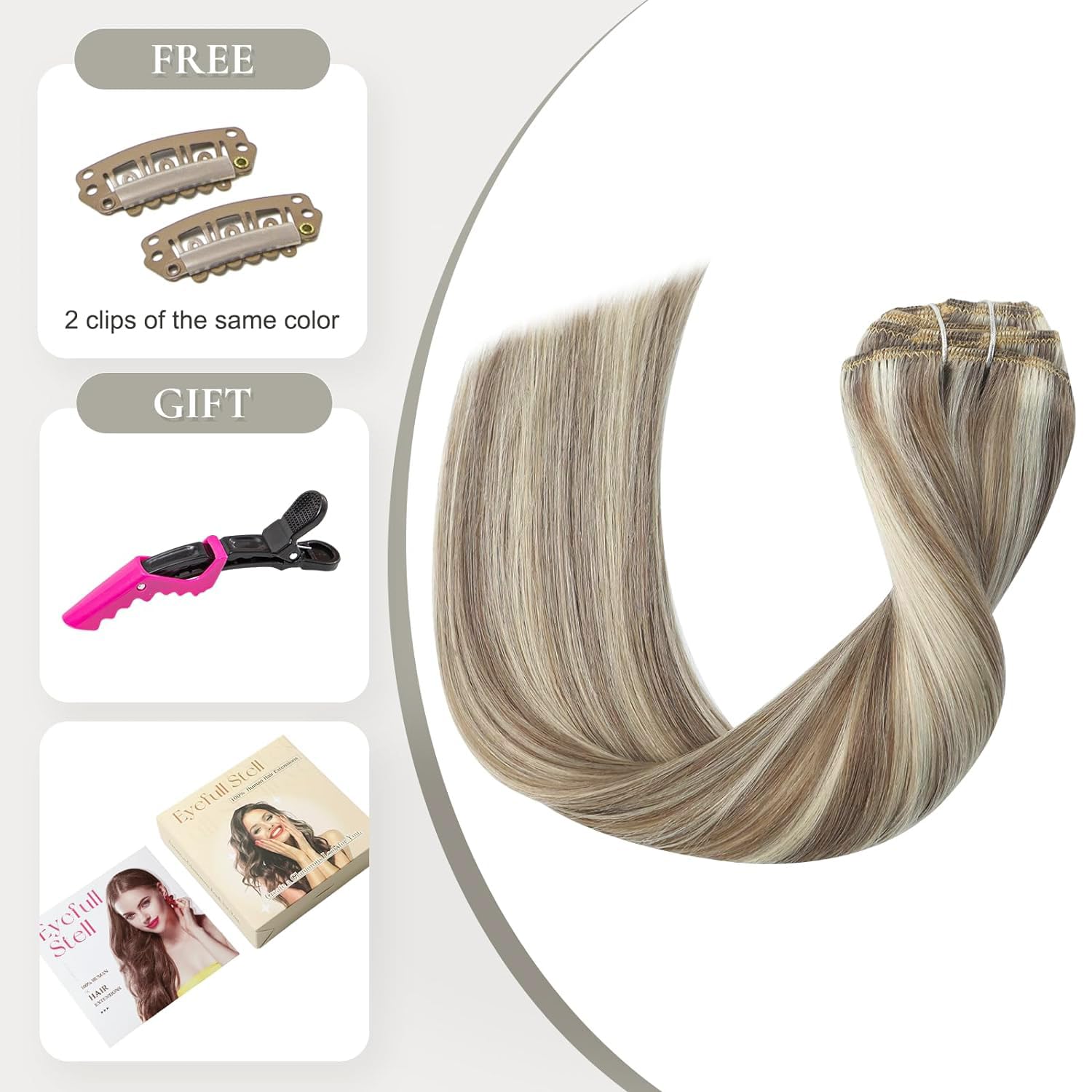 22 Inch Clip in Human Hair Extensions - 7PCS 120g Ash Brown Highlights with Platinum Blonde - 100% Remy Natural Straight Double Weft Invisible Clip Ins - Perfect for Parties, Weddings & Daily Styling