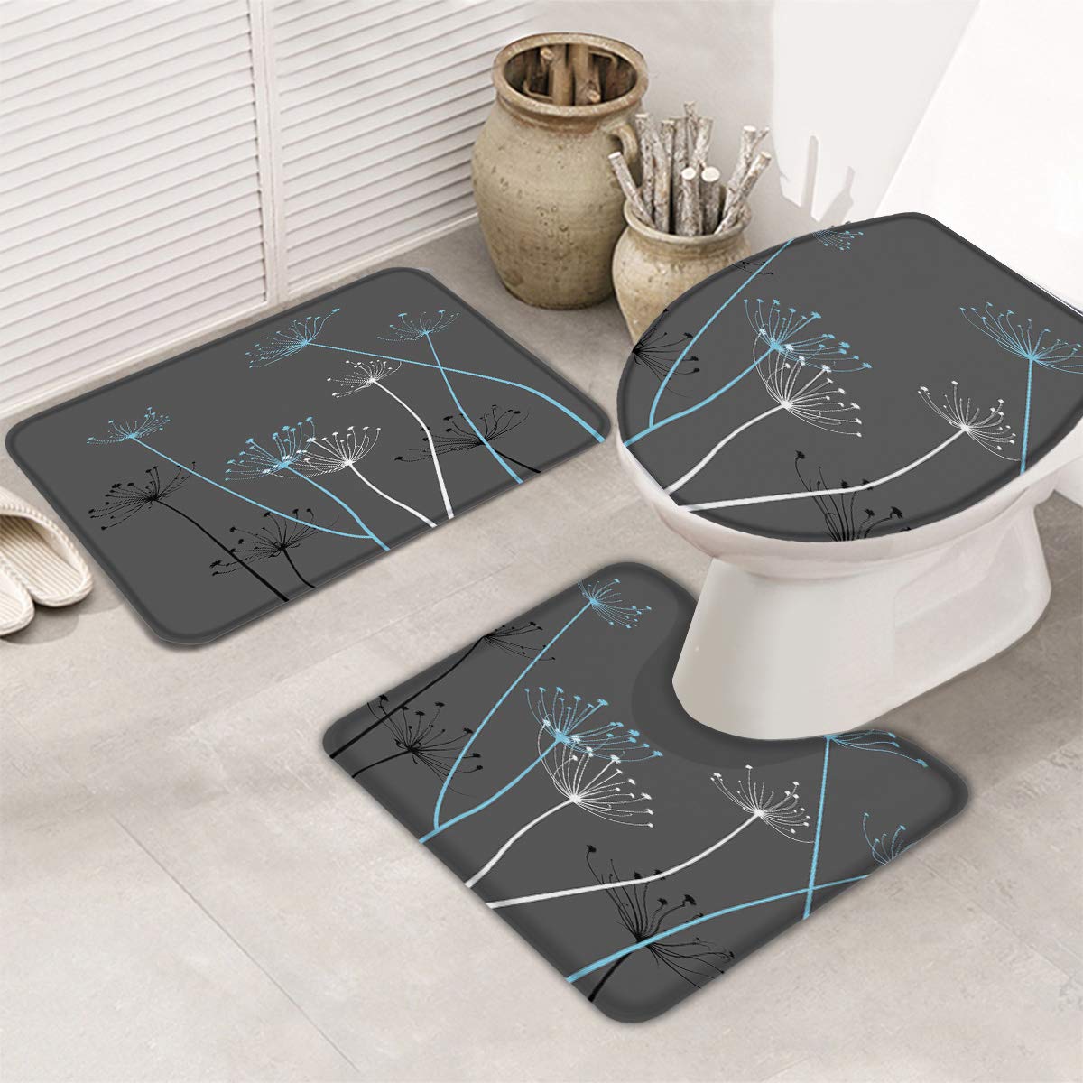 Premium 3-Piece Thistle Flower Dandelion Bath Mat Set - Non-Slip, Super Absorbent Luxury Bathroom Rugs with Contour Mat & Toilet Lid Cover (Gray/Blue/Black) - Soft, Washable & Quick-Dry for Modern Bathrooms, Guest Baths & Master Suites