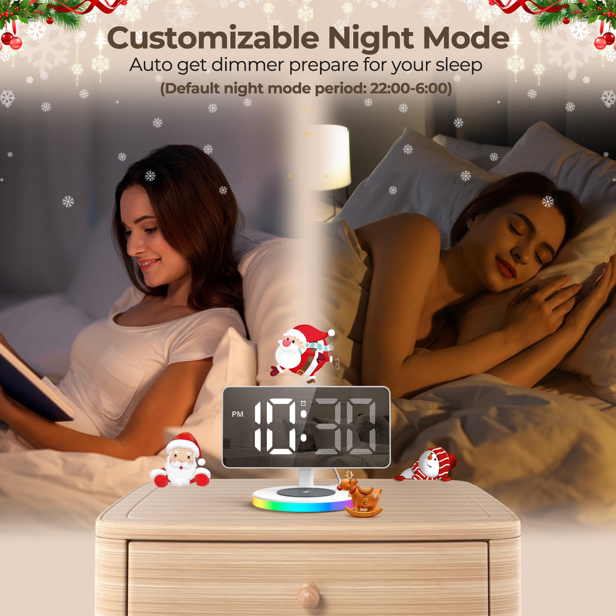 Wireless Charging Digital Alarm Clock with LED Mirror Display - Adjustable Brightness (5 Levels + OFF), Progressive Volume, USB Charger & Dimmable Night Light for Bedroom, Home, Office Decor | Perfect for Nightstands, Desks & Gift Giving
