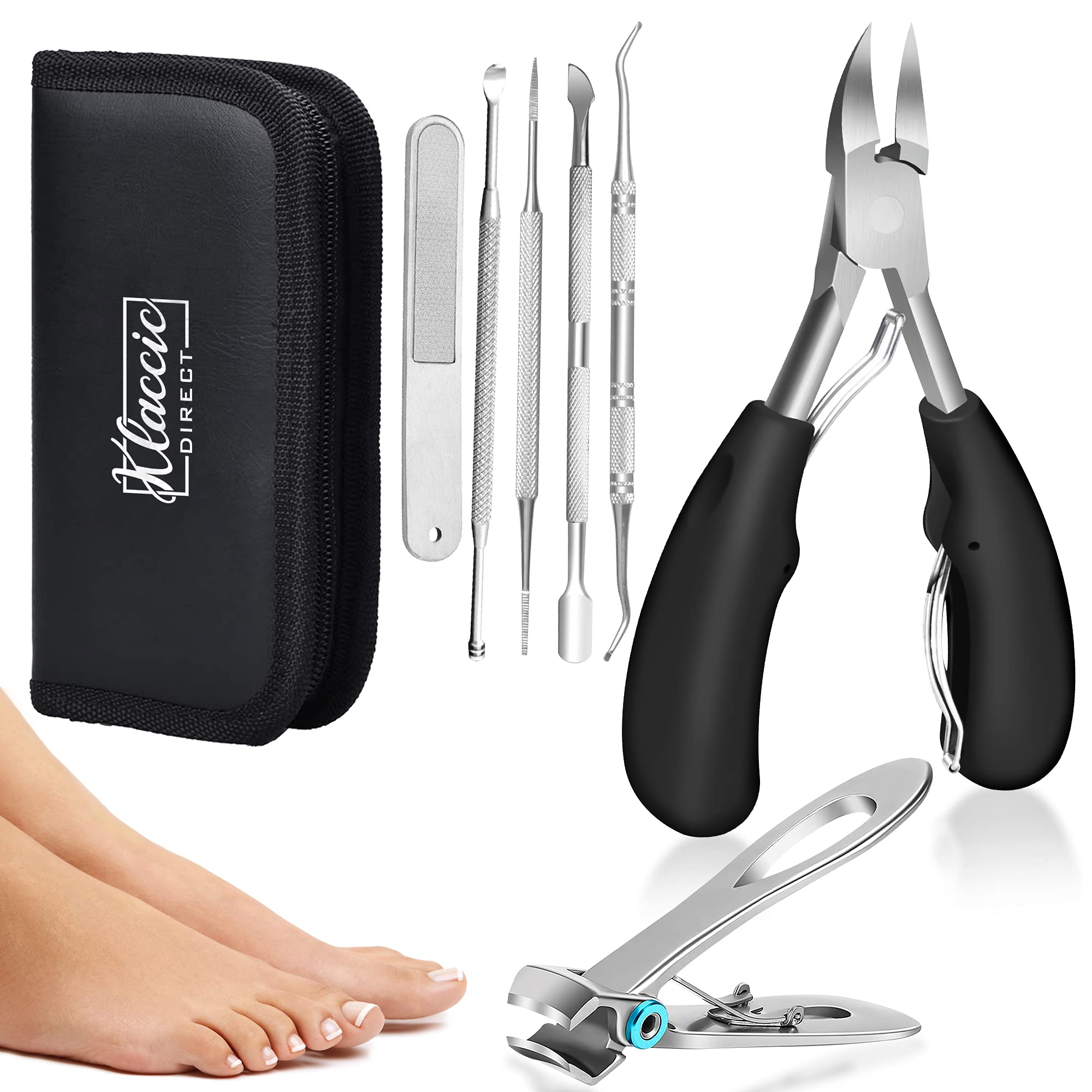 Professional Stainless Steel Nail Clippers Set for Thick Nails - 7-Piece Ultra Wide Jaw Toenail & Fingernail Clippers for Men & Women - Perfect for Pedicures, Manicures & Home Grooming Kits