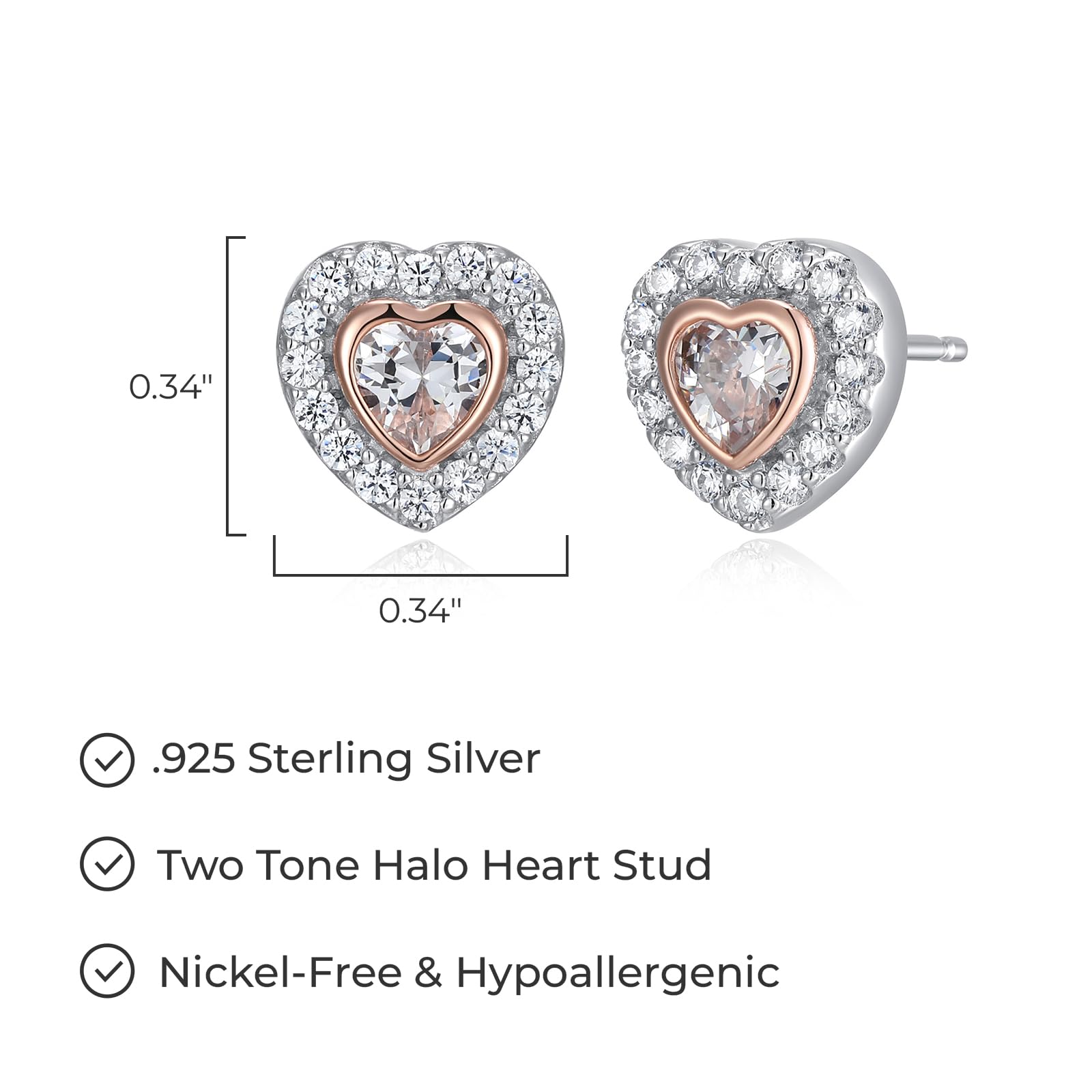 MORGAN & PAIGE .925 Sterling Silver 14K Rose Gold & Rhodium Plated Cubic Zirconia Two-Tone Halo Heart Stud Earrings for Women - Hypoallergenic, Comfortable Jewelry Gift for Her (1/3