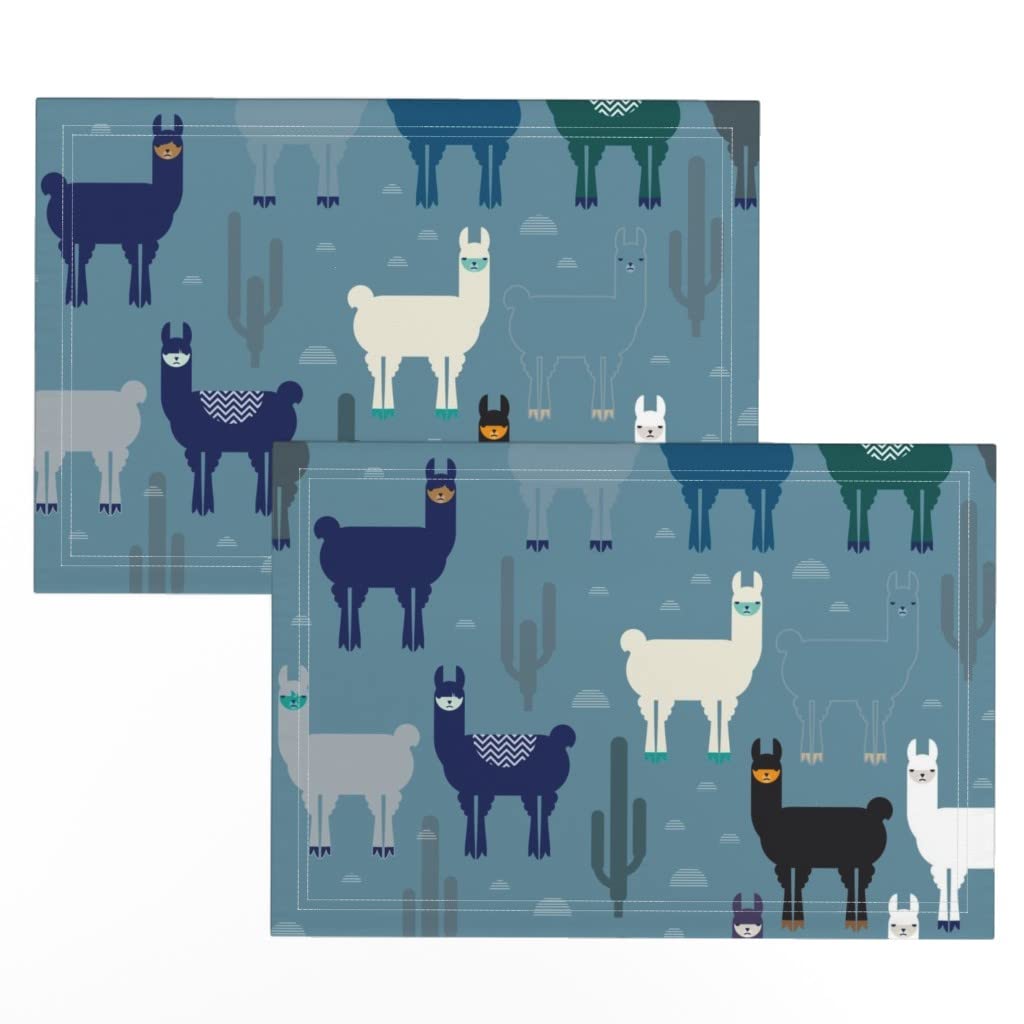 Premium Linen Cotton Canvas Placemats Set of 2 - Boho Alpaca Animal Print with Succulent Design in Southwestern Blue | Washable Table Mats for Dining Room, Kitchen Decor, and Party Table Setting