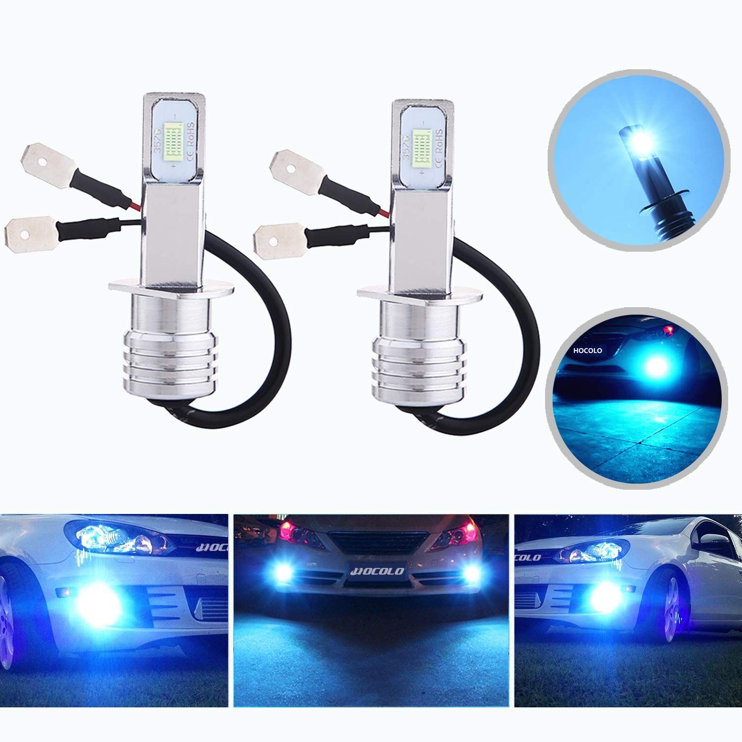 HOCOLO H1 LED Bulbs Ice Blue 8000K - High Brightness DRL Fog Driving Lights for Cars, Replace Halogen 3570 CSP Chips, Plug-N-Play Installation (Pack of 2) - Perfect for Daytime Running, Night Driving & Enhanced Visibility