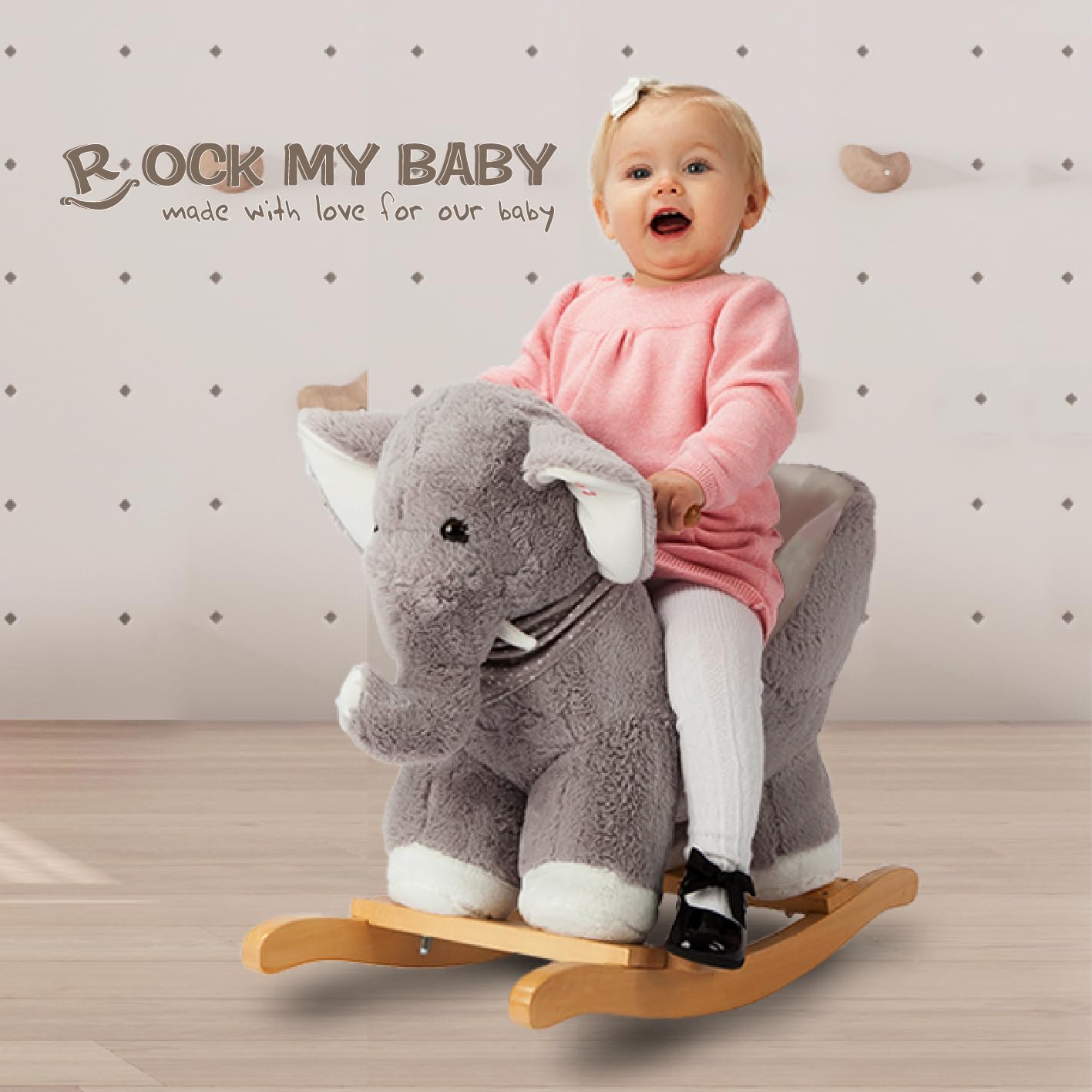 Plush Gray Elephant Rocking Horse with Chair - Soft Stuffed Baby Rocker with Sweet Music, CPC Certified - Perfect for Toddlers' Playroom, Nursery Decor & First Birthday Gifts
