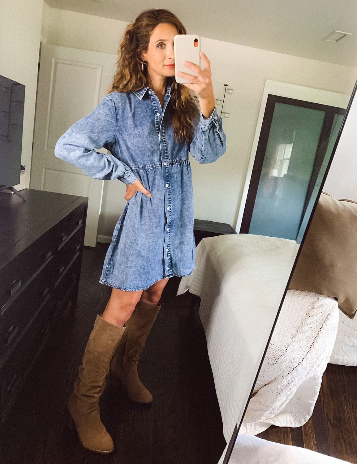 Women's Long Sleeve Denim Shirt Dress - Button Down Casual Babydoll Jean Dress for Everyday Wear | Perfect for Spring, Fall & Date Nights