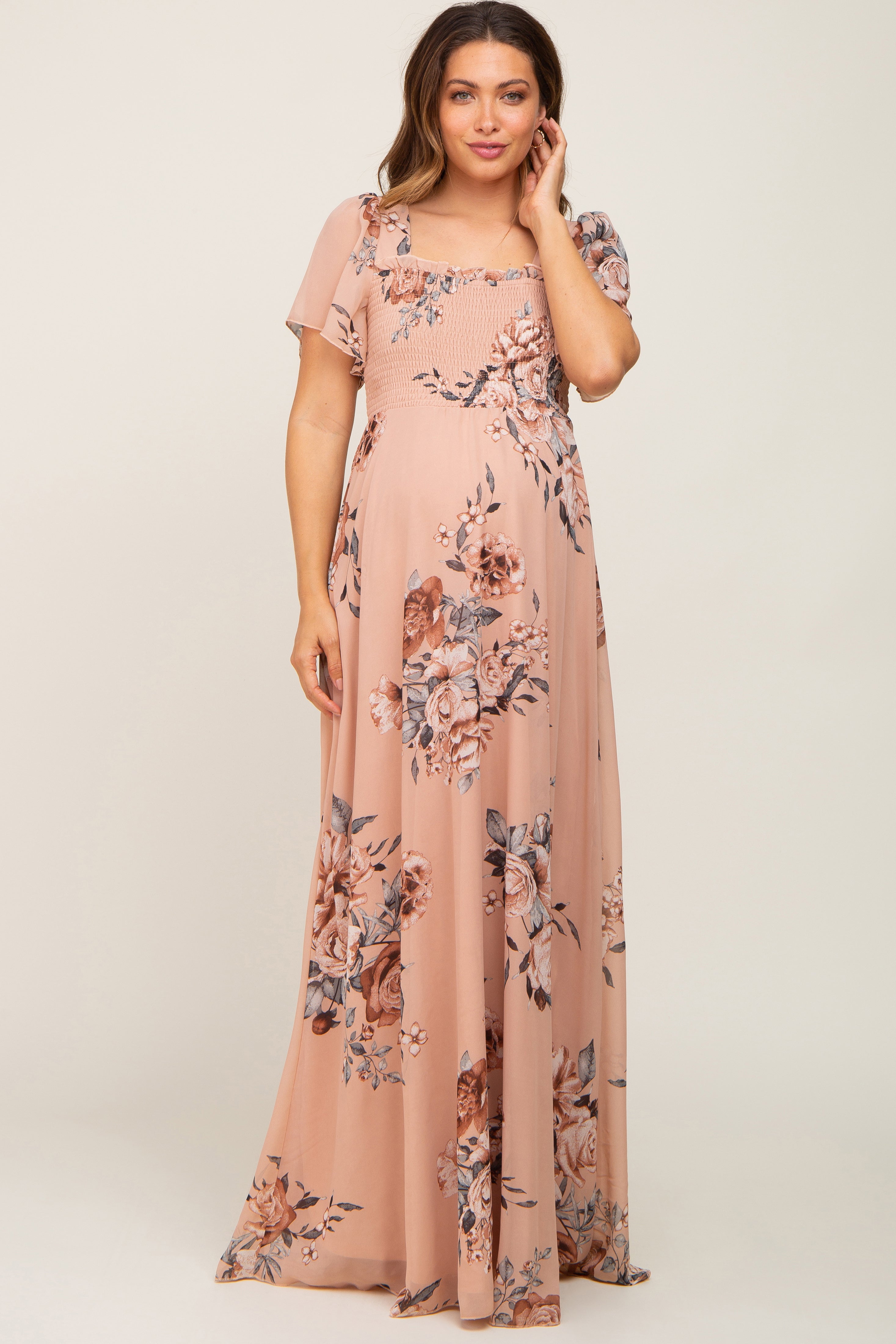 Beige Floral Chiffon Square Neck Smocked Short Sleeve Maternity Maxi Dress for Pregnancy, Nursing & Special Occasions - Comfortable Summer Maternity Dress for Baby Showers, Weddings & Beach Vacations