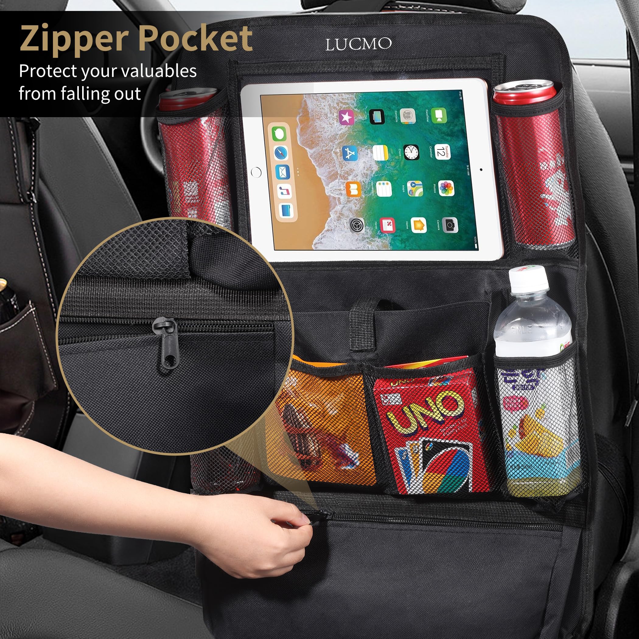LUCMO 2-Pack Car Backseat Organizer with Tablet Holder - 9 Storage Pockets, Kick-Proof Protector & Travel Accessories for Kids (Black) - Perfect for Road Trips, Family Vacations & Daily Commutes