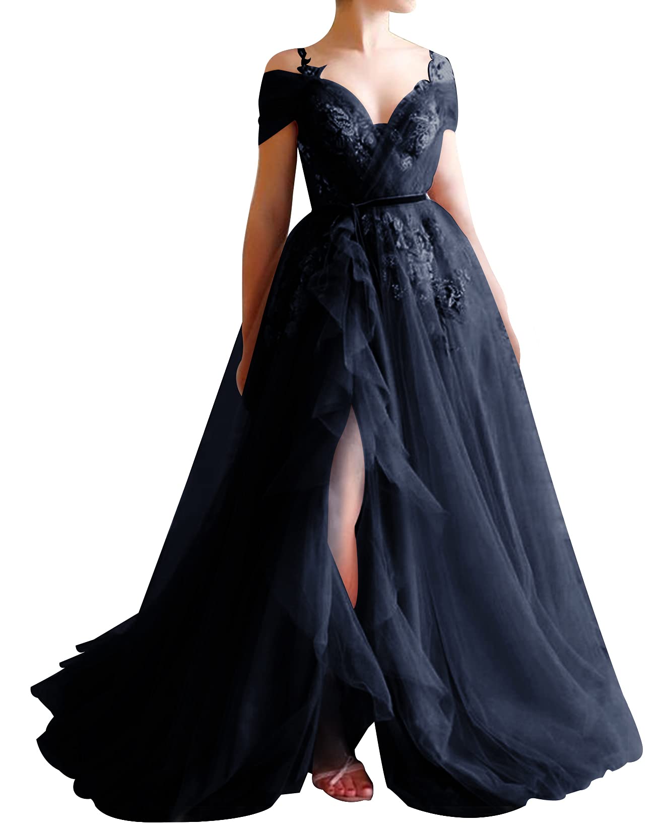 Elegant Off-The-Shoulder Tulle Prom Dress with V-Neck & High Slit - Formal Evening Gowns for Homecoming, Wedding Guest & Special Occasions