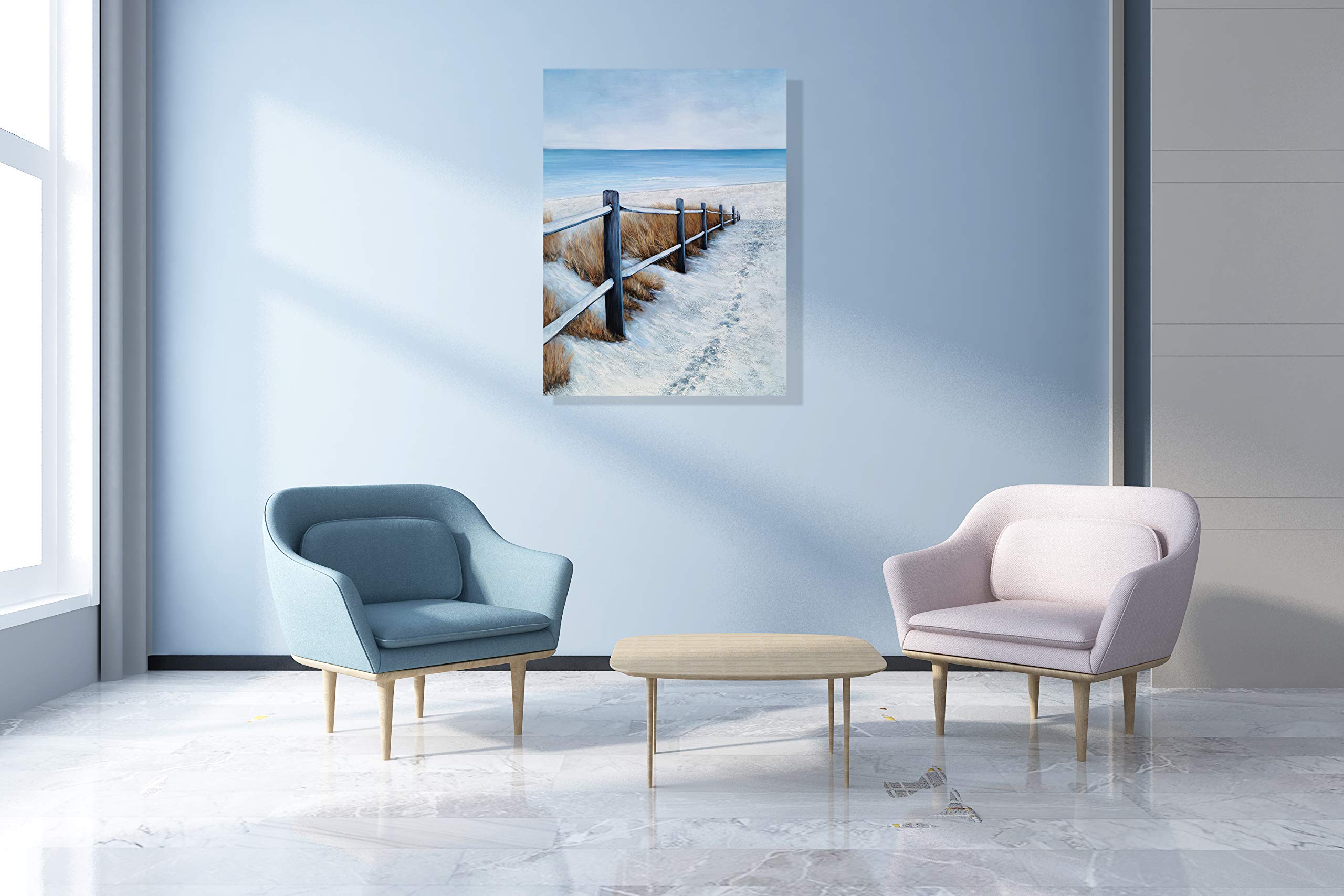 Hand Painted Blue and White Abstract Coastal Canvas Wall Art - Modern Nautical Beach Painting with Fence for Living Room, Bedroom & Bathroom Decor | Perfect for Coastal, Beach House or Ocean Theme Home Styling