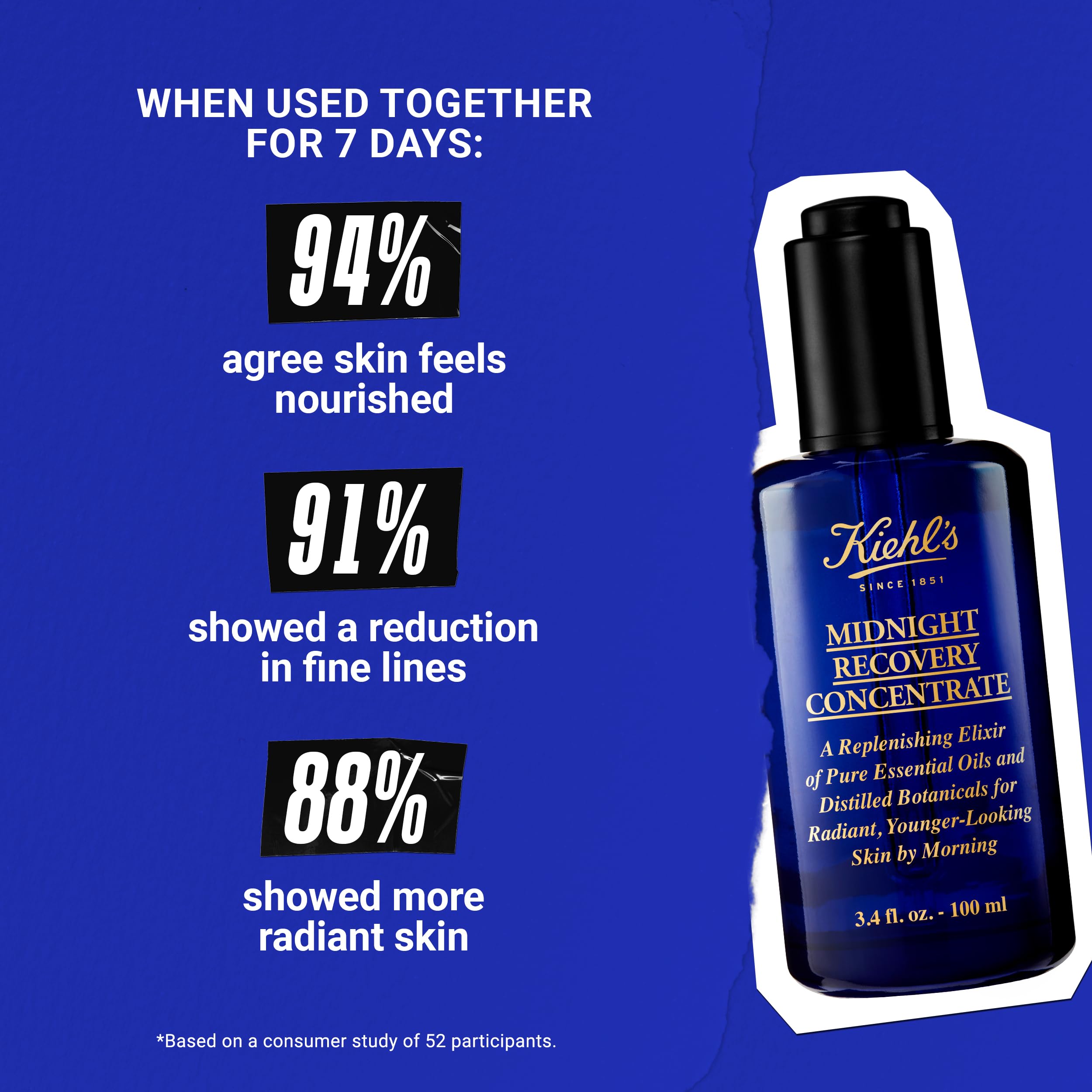Kiehl's Midnight Recovery Concentrate - 3.4 fl oz Lightweight Facial Oil for Overnight Skin Renewal | Reduces Wrinkles, Brightens Complexion & Improves Texture | 99.4% Natural Ingredients | Perfect for Nighttime Skincare Routine & Travel Essentials