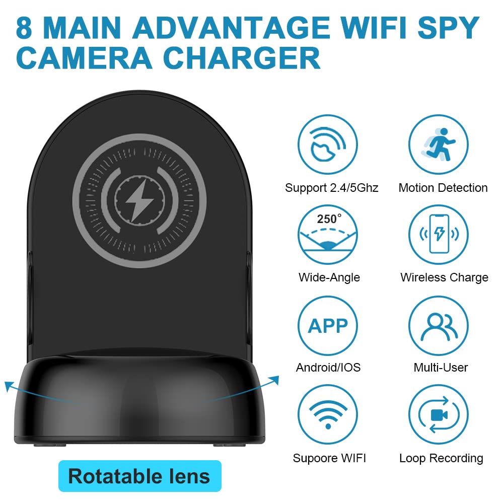 WiFi Hidden Spy Camera Wireless Phone Charger - 1080P/4K HD Rotating Lens with 250° View Angle, Motion Activated Nanny Cam for Home & Office Security (2.4G/5G Dual Band) - Perfect for Monitoring Kids, Pets, and Valuables Discreetly