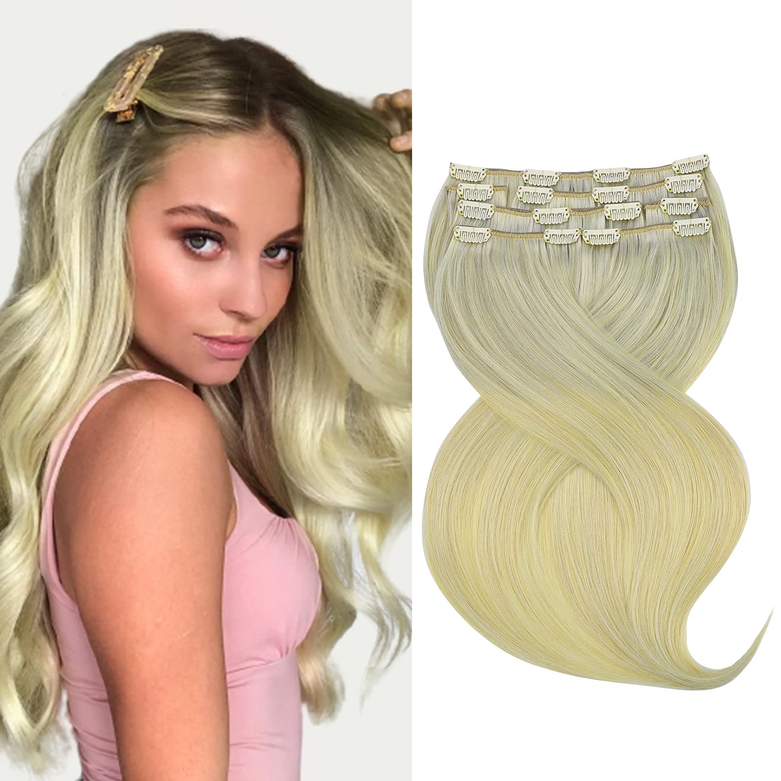 Marat Clip in Human Hair Extensions 16 Inch 120g - Ash Blonde, Golden Blonde & Platinum Blonde Straight Hair Extensions for Women | Perfect for Daily Wear, Parties & Special Occasions