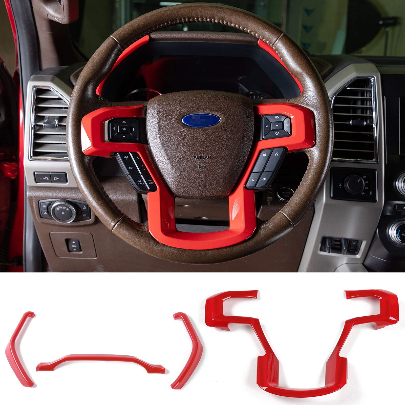 JeCar Red Leather Steering Wheel Cover & Dashboard Trim Kit for Ford F150 2015-2017 - Upgrade Interior Protection & Style for Pickup Trucks