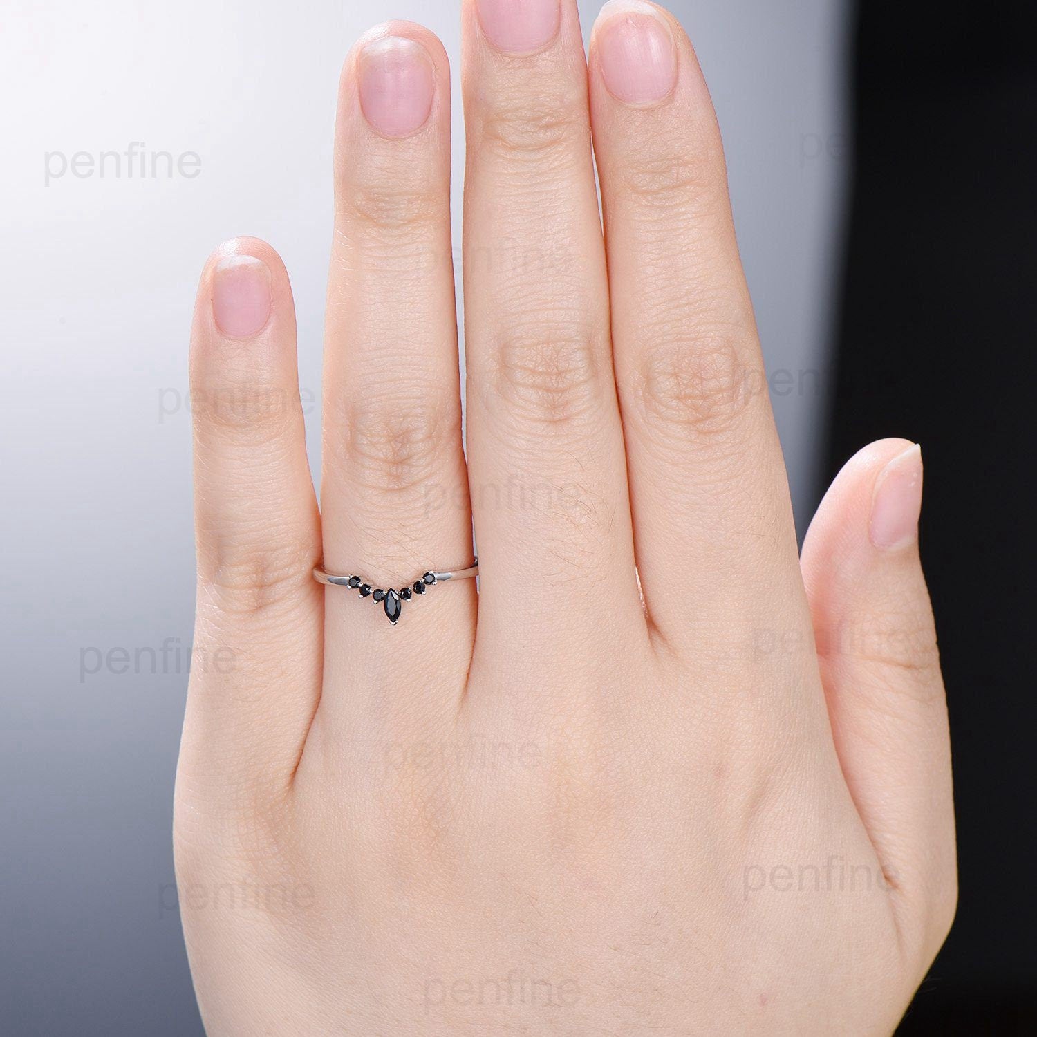 Black Diamond Wedding Ring - Silver White Gold Curved Marquise Black Spinel Matching Band, Art Deco Stackable Ring for Women, Wedding Promise Ring - Perfect for Engagement, Anniversary, and Special Occasions