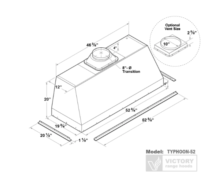 Victory 60-Inch Typhoon Range Hood Insert - 1200 CFM Powerful Stainless Steel Kitchen Vent Hood for Gas Stove, Island Mount | Ideal for Home Chefs & Commercial Kitchens