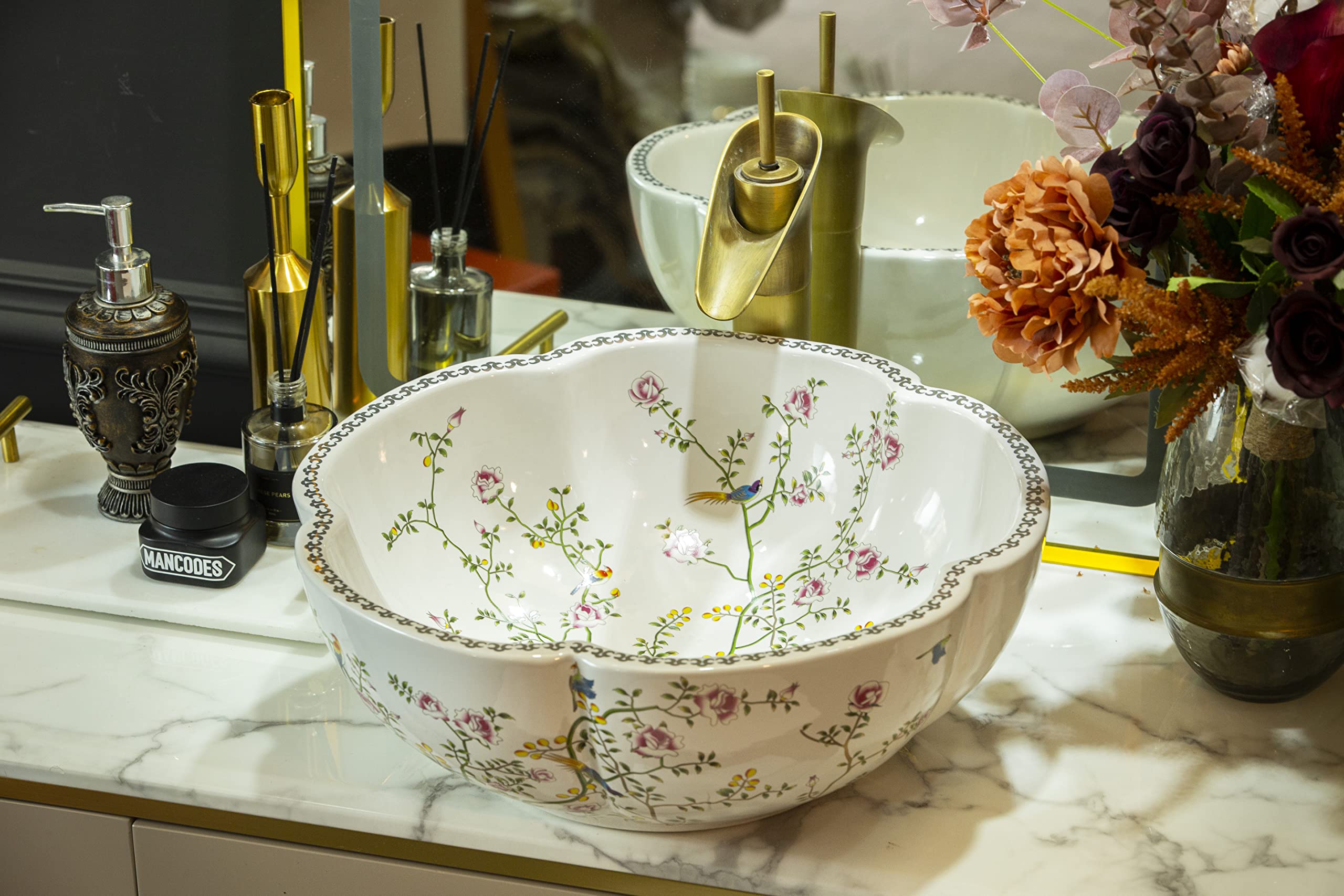White Ceramic Vessel Sink Bowl - Handcrafted Floral & Bird Design Above Counter Bathroom Vanity Basin (Sink Only) - Perfect for Modern Farmhouse, Boho Chic, or Spa-Style Bathroom Decor
