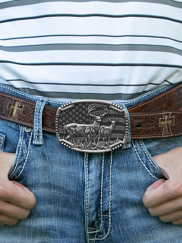 Montana Silversmiths A785S Silver Deer & USA Flag Western Belt Buckle Set - Perfect for Cowboy Boots, Rodeo Events and Patriotic Outfits
