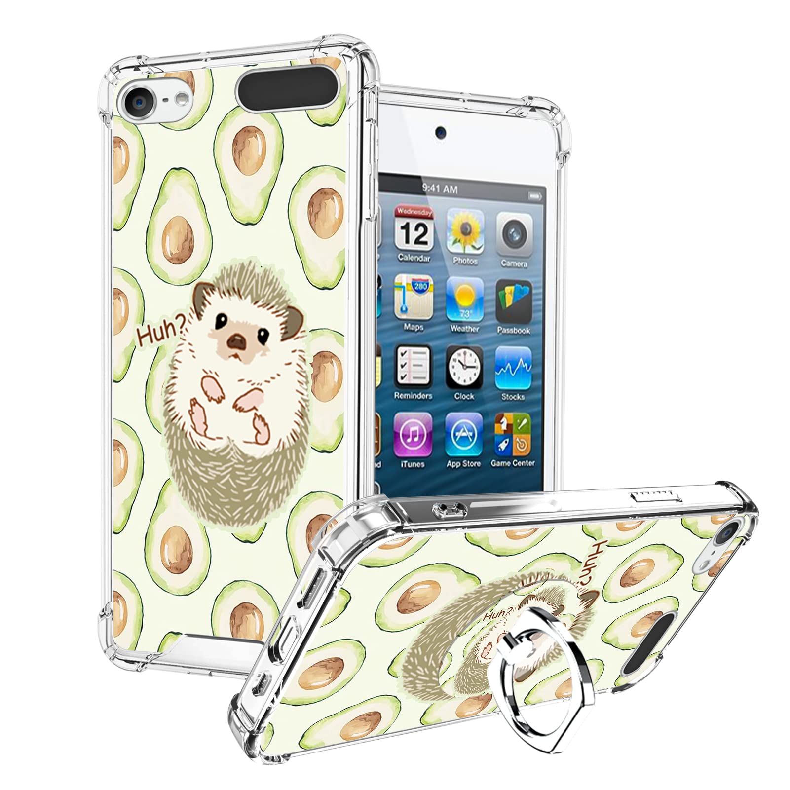 OOK Compatible iPod Touch 5/6/7 Case with Ring Holder - Soft TPU Bumper & Shockproof PC Back Cover for Women Girls (Avocado Hedgehog Design) - Perfect for Daily Use, Travel & Selfies