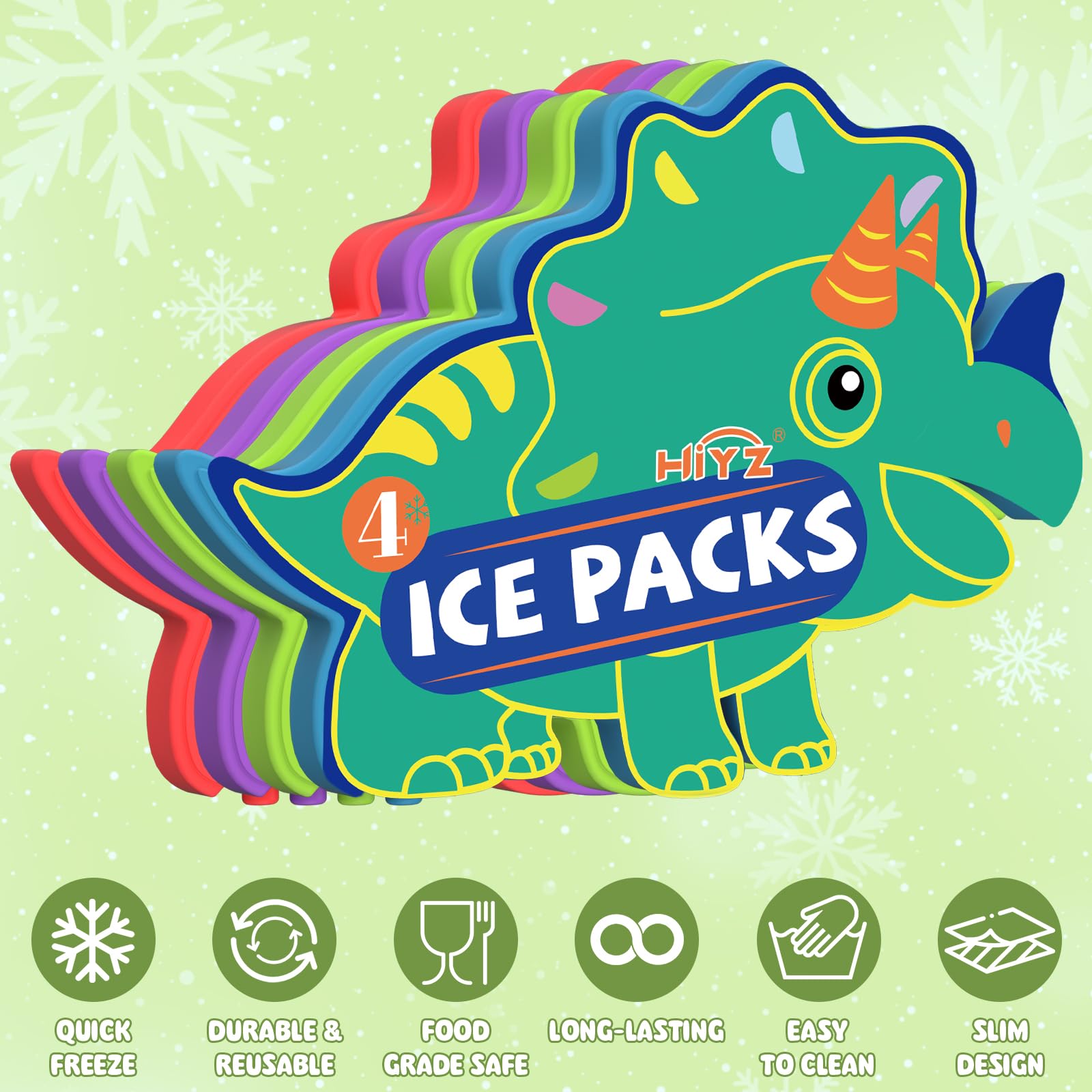 HiYZ Reusable Dinosaur Ice Packs for Lunch Boxes - Quick Freeze Kids Cooler Packs for School, Travel & Picnics - Space Saving Thin Ice Packs for Lunch Bags, Coolers & Outdoor Activities