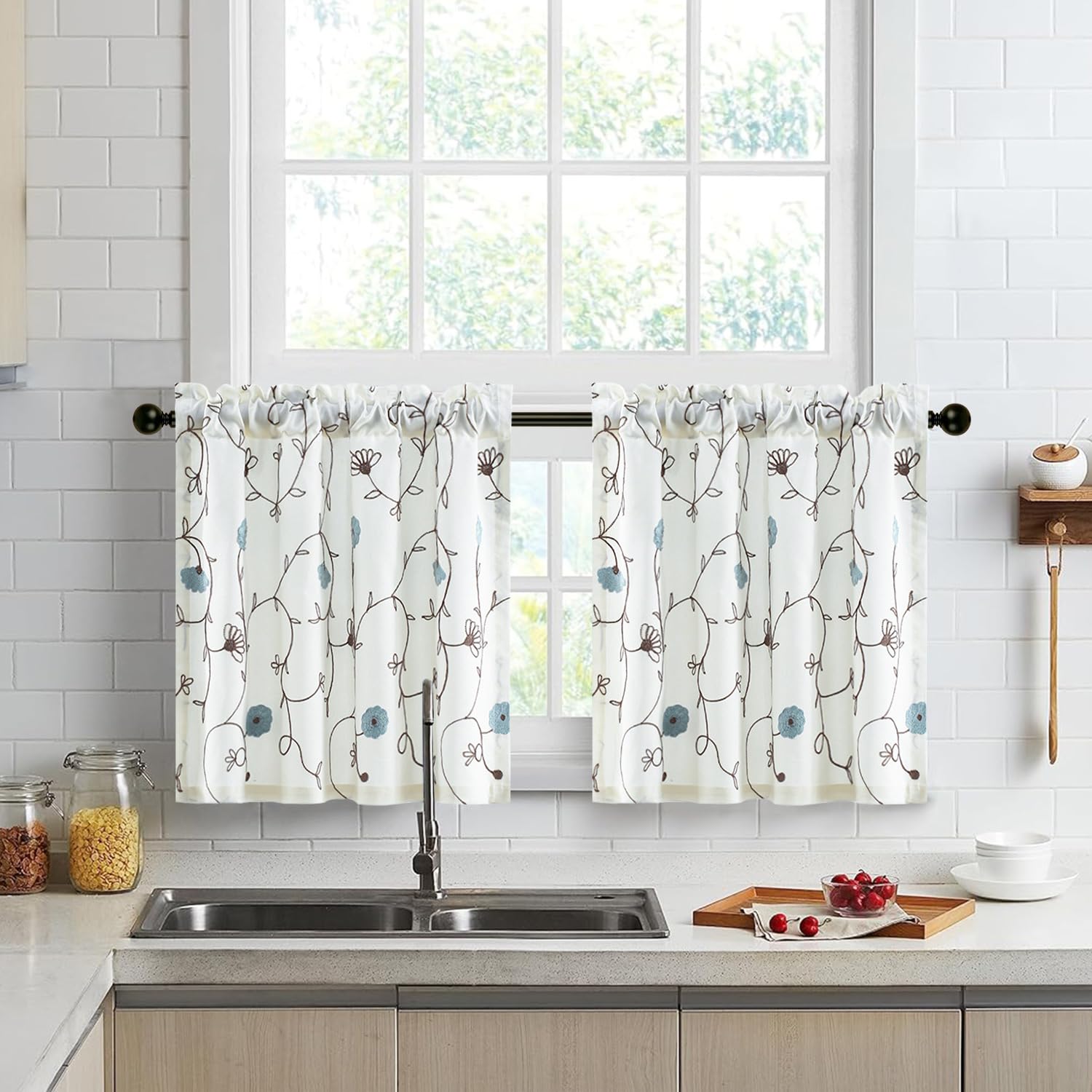 VOGOL 24 Inch Blue Floral Embroidered Kitchen Half Curtains - Farmhouse Modern Short Window Curtains with Rod Pocket (Set of 2, 30x24 Inches) - Perfect for Small Windows, Kitchen Decor, and Cozy Farmhouse Style