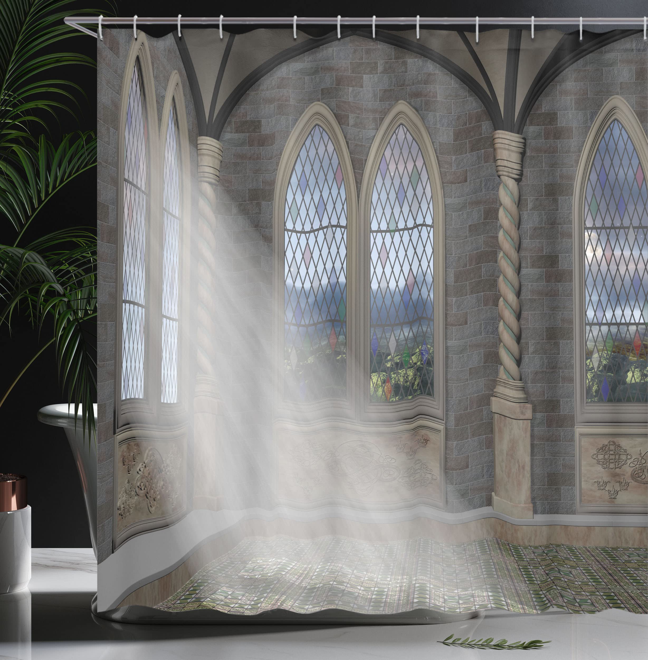 Ambesonne Gothic Fantasy Shower Curtain - Stained Glass Window Palace Castle Design with Crepuscular Rays, 105