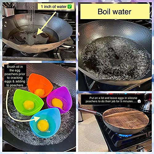 Non-Stick Silicone Egg Poacher Cups with Stand - 4 Pack for Microwave, Stovetop & Air Fryer - Perfect for Keto Breakfast, Meal Prep & Healthy Cooking - Includes Bonus Oil Brush