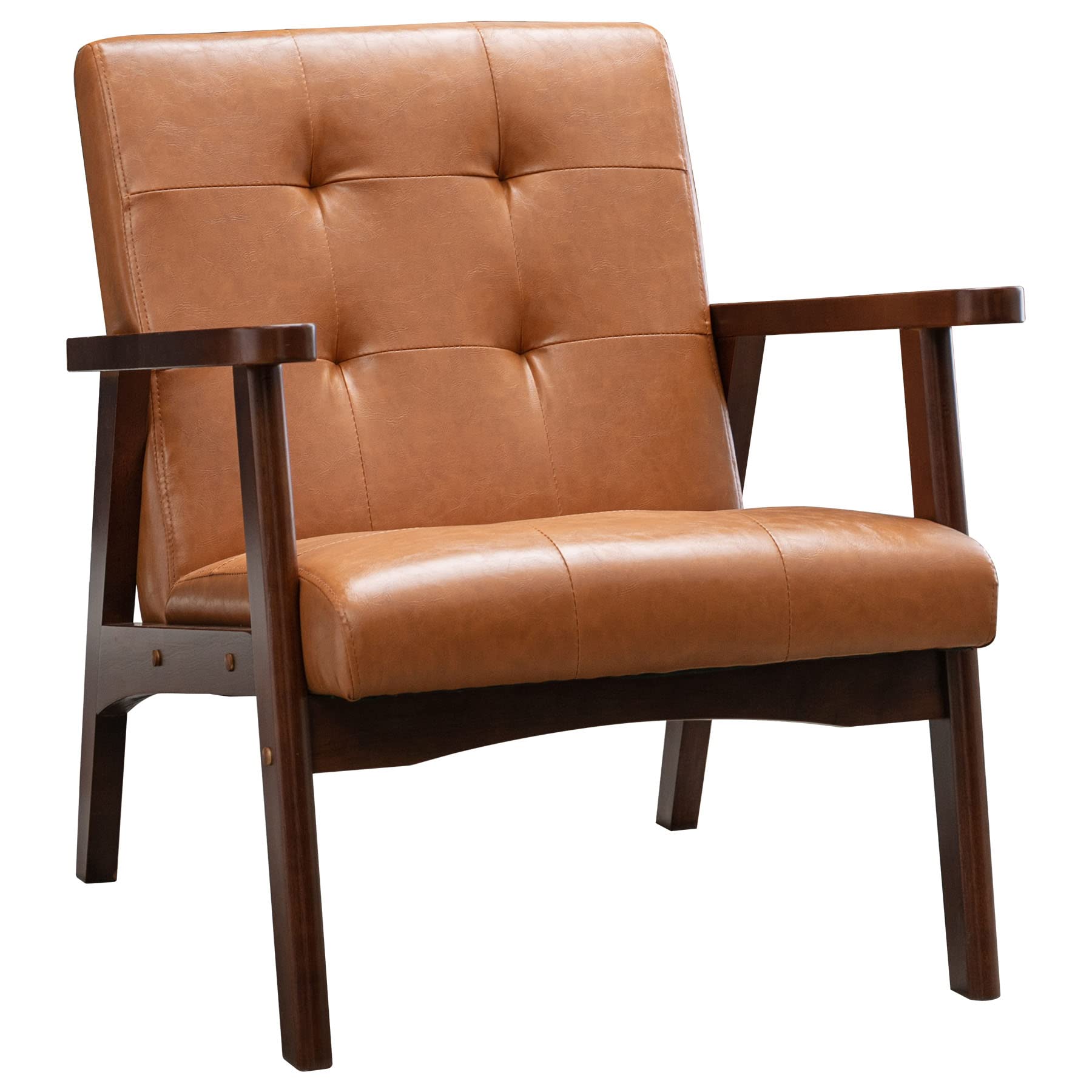 Bonzy Home Mid Century Modern Accent Chair - Upholstered Faux Leather Armchair with Solid Wood Frame, Comfy Retro Design for Living Room & Bedroom - Perfect for Reading Nooks, Home Offices and Lounge Areas (Orange)