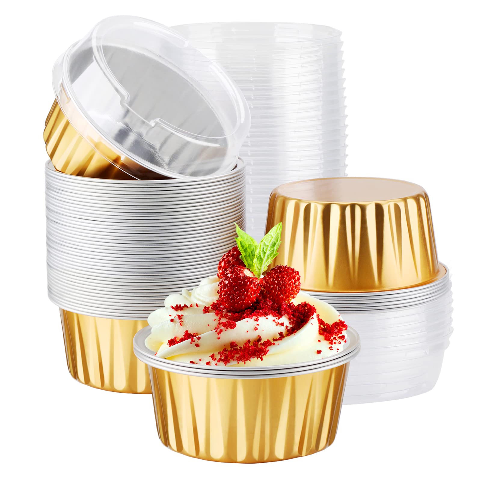 EUSOAR 50-Pack 5oz Disposable Gold Aluminum Foil Baking Cups with Lids - Mini Ramekins for Creme Brulee, Cupcakes, Cheesecake & Flan - Perfect for Party Favors, Birthday Desserts & Baking Needs