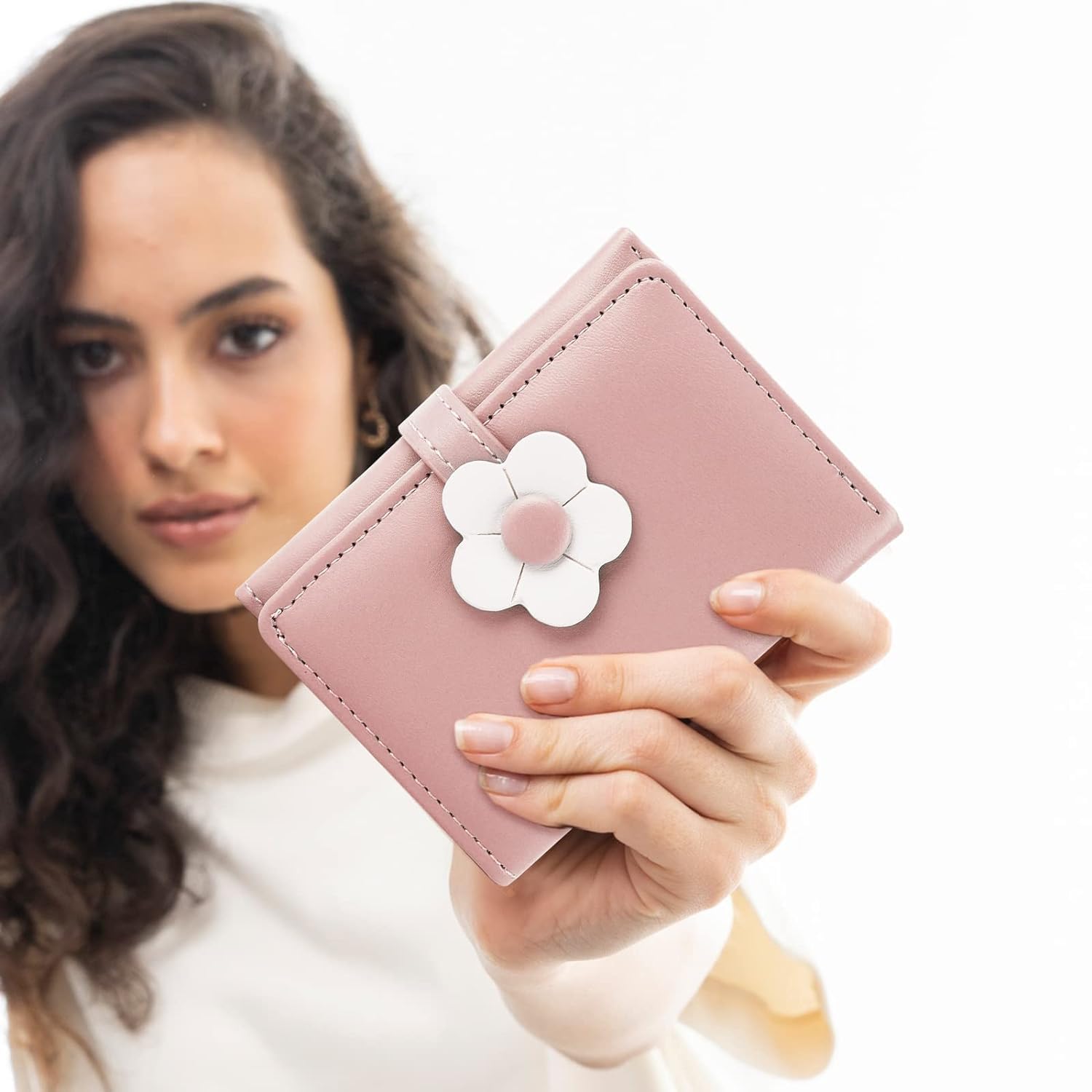 Valerie Cute Small Wallets for Teen Girls & Women - PU Leather Trifold Wallet with 3D Floral Buckle, ID Window, Cash Pocket & Card Holder - Perfect for School, Travel & Everyday Use (Pink)