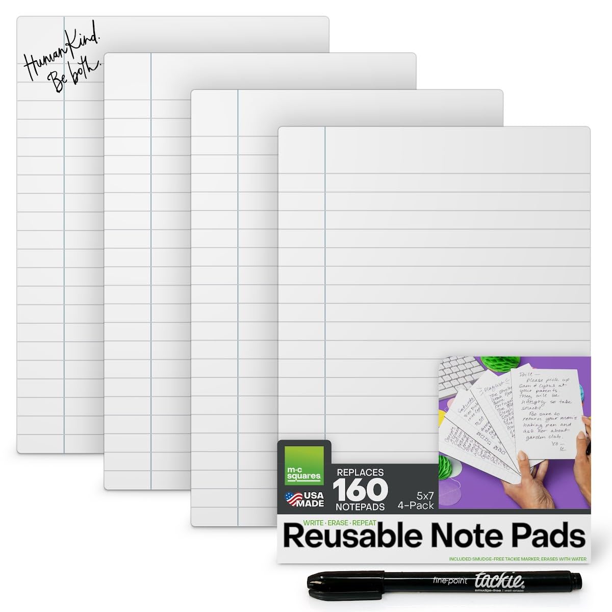 M.C. Squares Reusable Junior Dry Erase Notebook - 5x7 Lined Whiteboard Notepad 4-Pack with Wet-Erase Marker | Double-Sided Writing Surface for Office, Home & School | Perfect for To-Do Lists, Study Notes & Family Organization | Made in USA