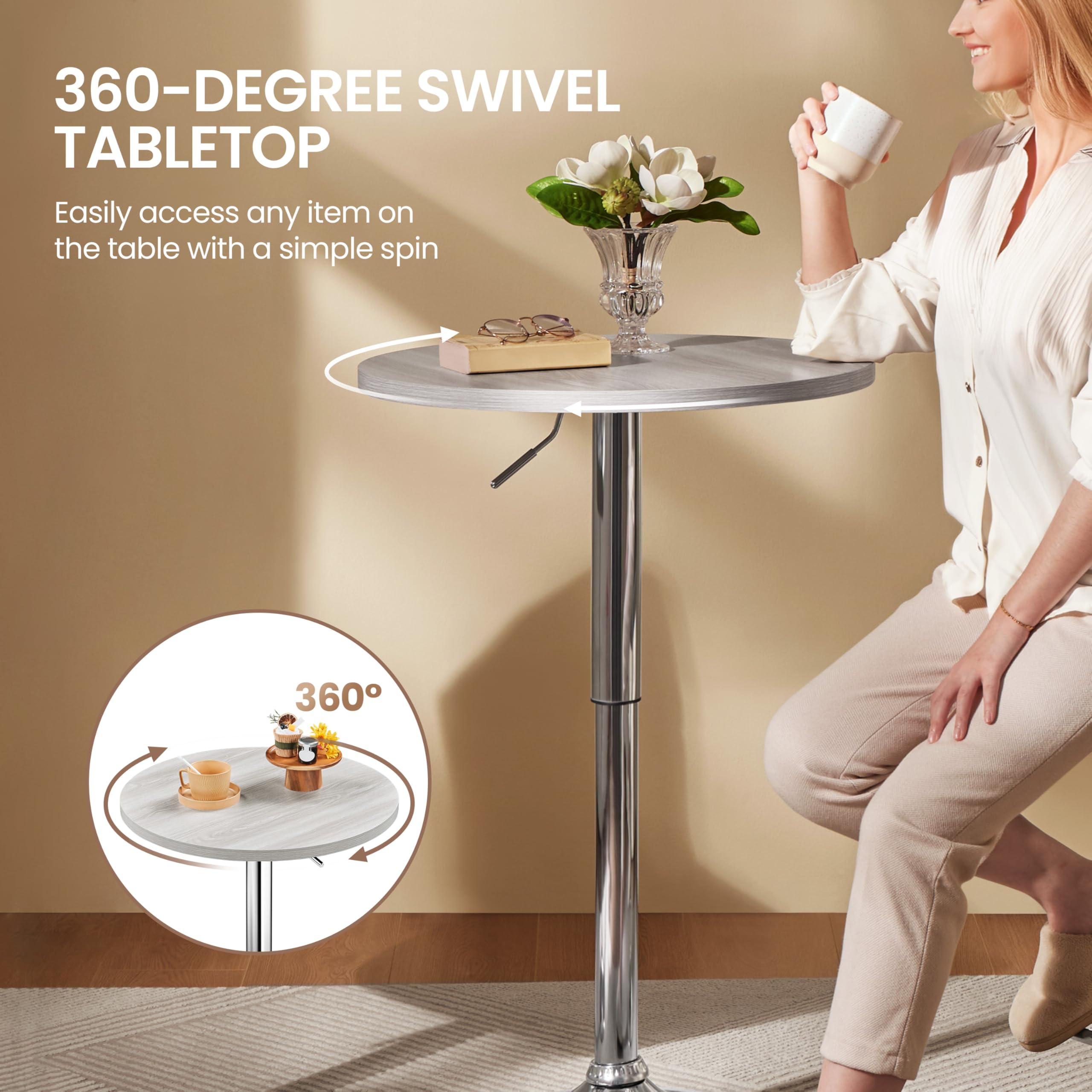 Yaheetech 2-Pack Adjustable Height 360° Swivel Round Bar Table with MDF Top - Silver Leg Base for Home Bar, Bistro, Café & Restaurant | Perfect for Small Spaces, Patio Dining & Cocktail Parties