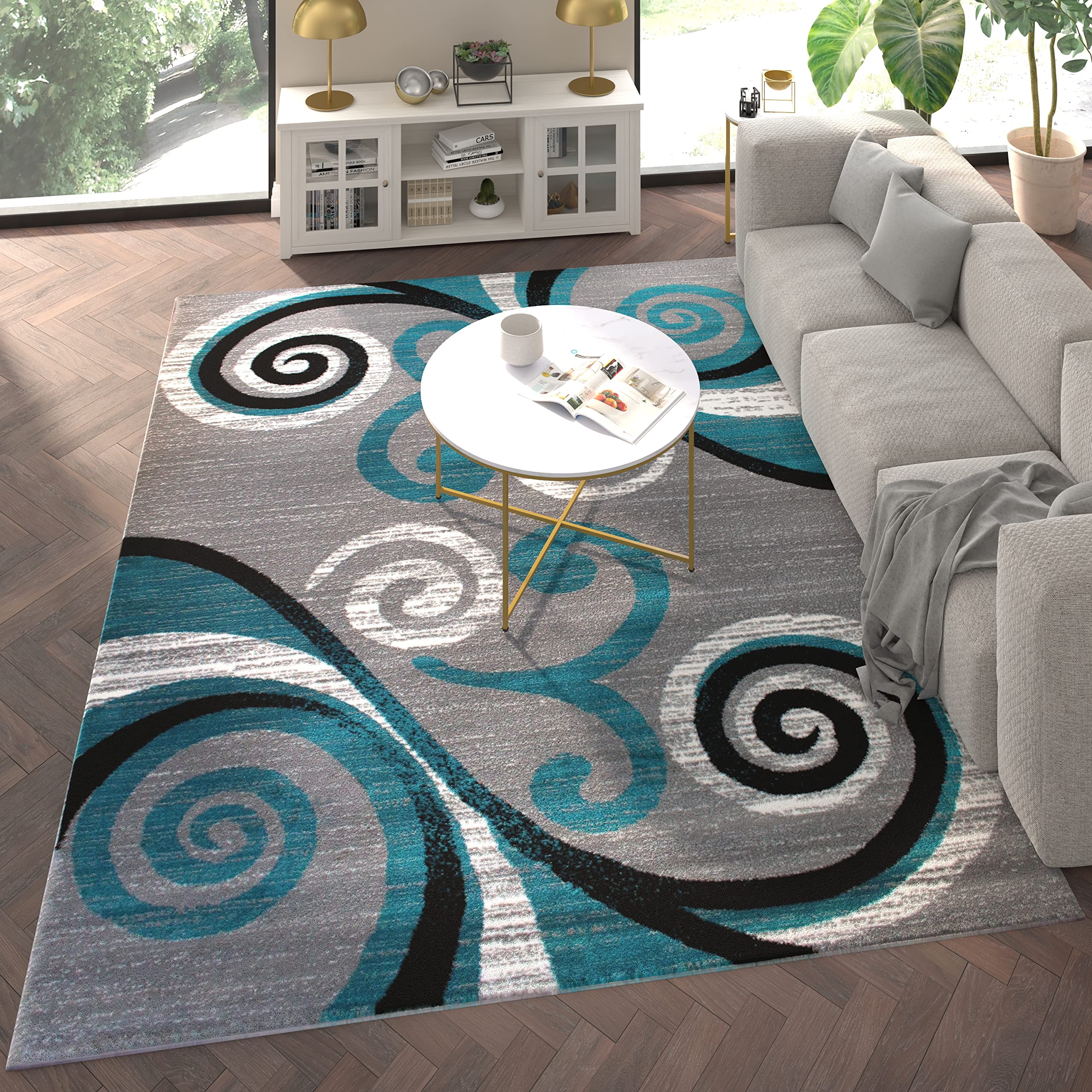 Emma + Oliver Helix 8x10 Ultra Soft Plush Olefin Accent Rug - Turquoise, Gray, Black & White Swirl Pattern with Jute Backing | Scraped Look Design for Living Room, Bedroom or Office Decor